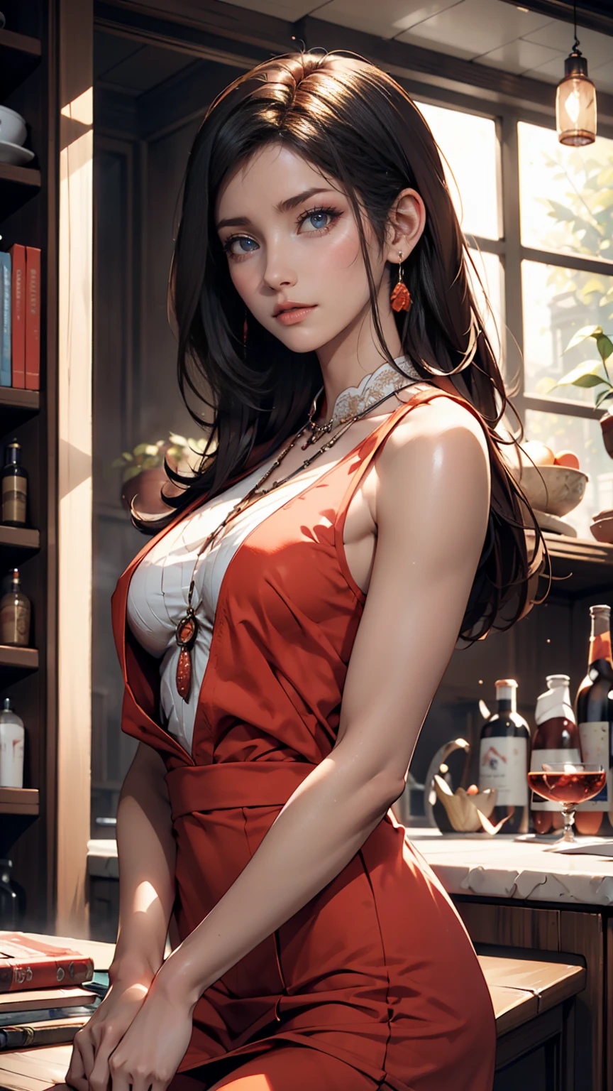short hair, mmmm, (Sharp focus:1.2), photograph, Attractive Young Woman, (Beautiful Face:1.1), Detailed eyes, Seductive lips, (Bold red lip color:0.85), (Medium chest:1.0), (The body is slim:1.2), (Long Hair:1.2), wear (1980s Peplum Dress:1.2) in (botanical garden:1.2). (Moody lighting:1.2), Depth of written boundary, Bokeh, 4K, High resolution. by (James C. Christensen:1.2|Jeremy Lipking:1.1).