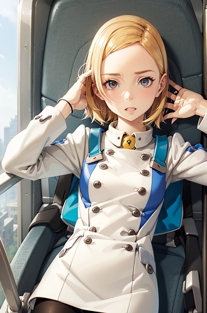 ((highest quality)), ((masterpiece)), (Super detailed), Blonde,Get on the desk,From below,uniform,Short skirt,underwear,（Spread your legs）,loose socks,sit,Glare,Squat