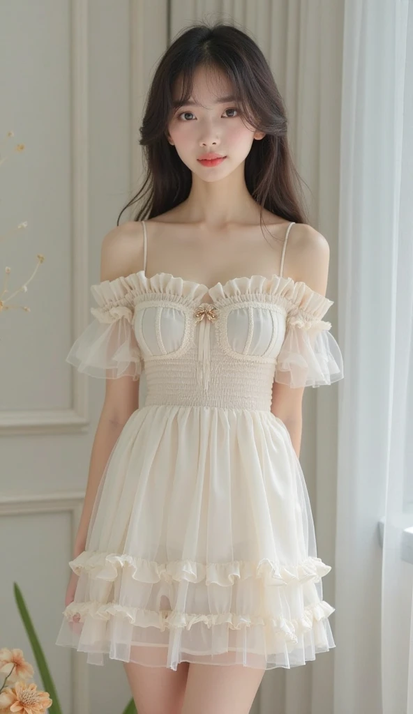 ((actual)), 1 busty girl, Posing for photos, exteriors, Seafront, Lie flat on the beach, Cross ed leg, pretty legs,detailed scene, curlies, Air bangs, beautiful hair ornaments, Brownish-yellow hair, (((Transparent see-throught dress)))((Sweet girly clothes 4,Off-the-shoulder dress,jewely,)), illuminate warmly, warm color palette, Detailed details, ultra - detailed, (tmasterpiece, Best quality at best), (An extremely delicate and beautiful work), Delicate earrings, Delicate necklace, simple blurr background, Extremely detailed description, Ultra-fine painting, delicated face, slim toned body, (ssmile, Teeth are exposed), (Anatomical correct)