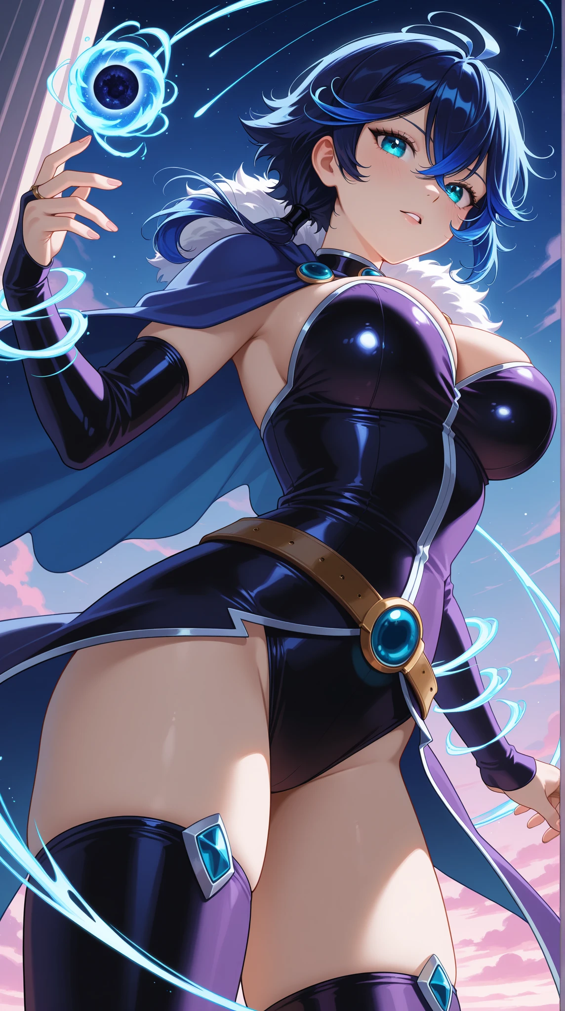 magazine cover, Dark Magician Girl casting a spell, big breasts, glasses