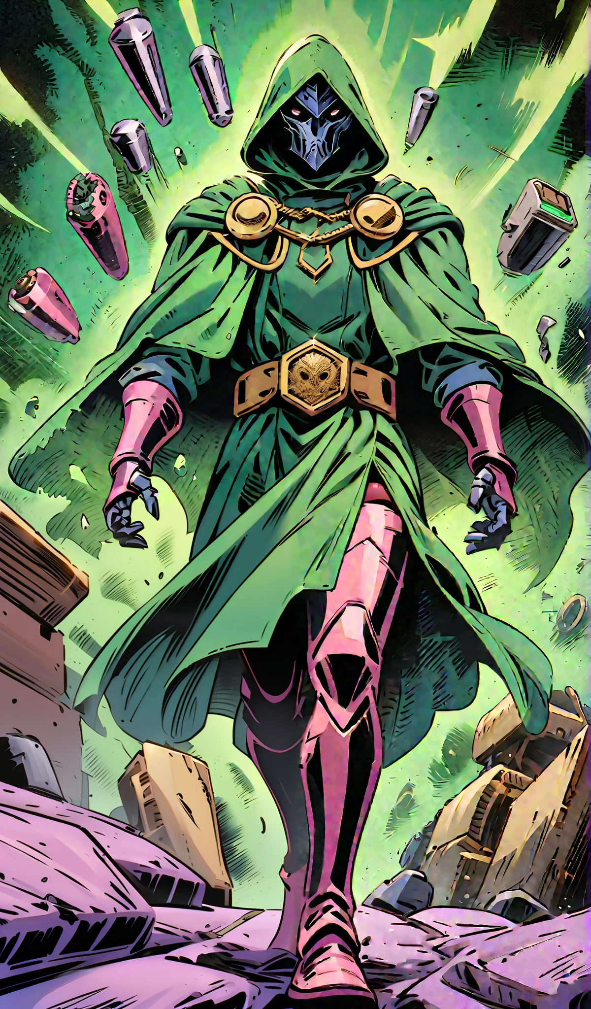 Drawn in 80’s anime art style.
Retro anime. Vintage Anime. Classical Anime.
The outfit is a highly recognizable and iconic superhero suit, primarily green and black, designed for both style and functionality. Here’s a detailed breakdown of its elements:
This person’s combat attire is a fusion of medieval warlord aesthetics, cutting-edge technology, and dark sorcery. He wears a cold, expressionless metal mask fused to his scarred face, paired with a reinforced helmet for added protection. His titanium alloy armor, sometimes infused with vibranium, grants superhuman strength, energy projection, and force field generation, making him nearly indestructible. Over this, he dons a fire-resistant green cloak and hood, often enchanted for extra defense. His gauntlets and boots contain built-in electrical weapons, jet propulsion for flight, and shock-absorption systems. A utility belt holds advanced gadgets, anti-magic tools, and teleportation devices, while his armor is infused with sorcery, allowing him to resist and counter magical attacks. His regal golden clasps, bearing the Latverian insignia, sometimes function as power sources or communication devices. This fearsome combination of strength, science, and sorcery makes them an unstoppable force on the battlefield.
This outfit not only provides protection but also enhances the Superhero’s combat capabilities, making them an effective and stylish anti-hero.