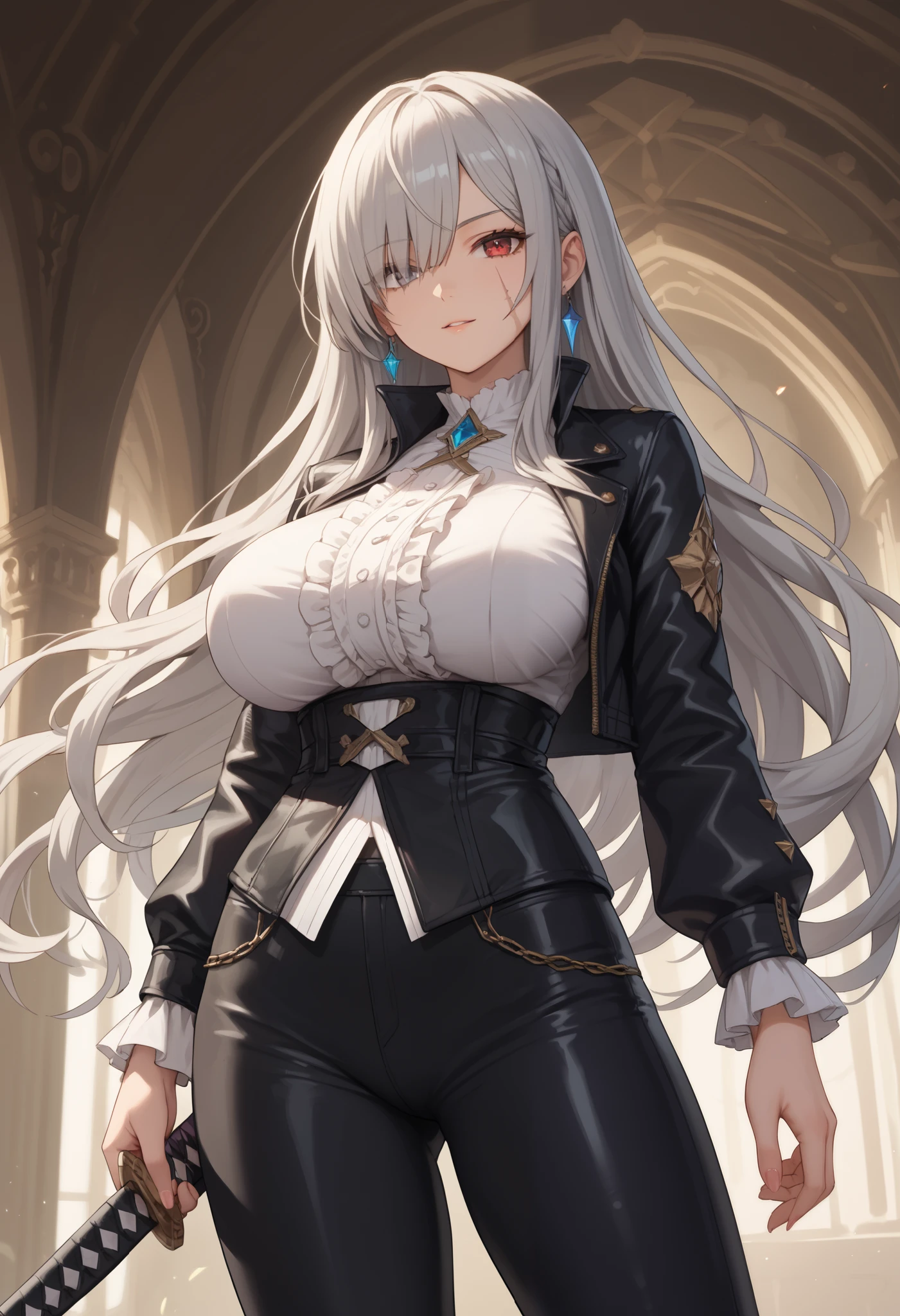 (masterpiece: 1.2), (best quality: 1.2) 1 woman, mature, tall (1.85), appeared to be around 28 years old, had silver (light) hair, straight and shiny hair, up in a samurai bun, bangs, silver eyes, extremely detailed eyes, perfect eyes, extremely realistic eyes, well-aligned eyes, long eyelashes, anime style, perfect face, milf face, sculpted chin, ultra feminine chin, full lips, smiling, mature, fair skin, natural body, sexy body, milf body, both hands on her waist, perfect hands, detailed hands, hands well proportioned to the body, realistic hands, arms with good anatomy, she only wore a black leather jacket with long sleeves , white blouse under the jacket that still couldn't hide her extremely large and huge breasts that were hanging down due to their size, muscular abs, well-defined six-pack abs, black leather pants with blue details on the legs, brown high boots, thighs thick, wide hips, looking at the viewer, backdrop on top of a European-style castle, posing standing, waist straight, alone, looking at the viewer