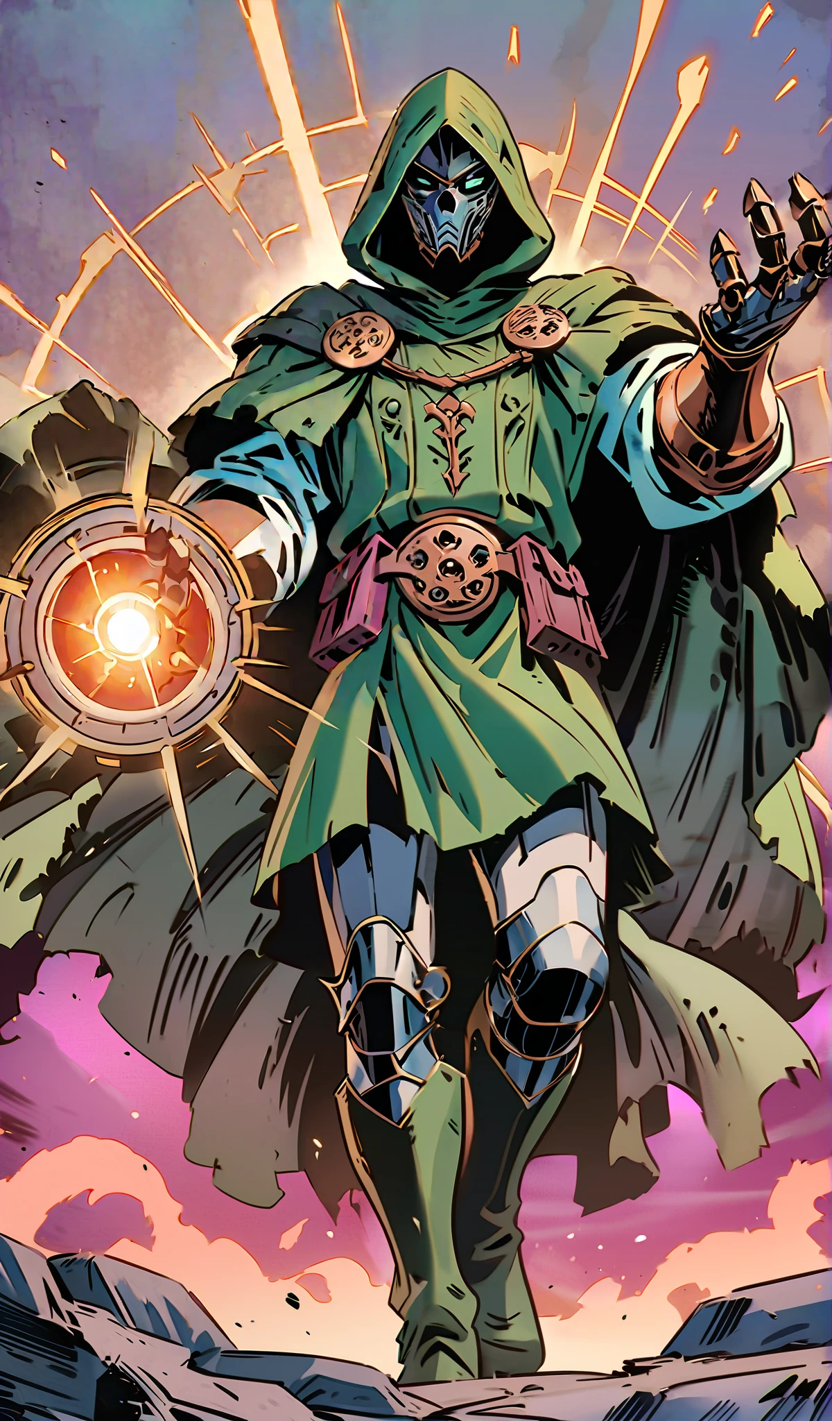Drawn in 80’s anime art style.
Retro anime. Vintage Anime. Classical Anime.
The outfit is a highly recognizable and iconic superhero suit, primarily green and black, designed for both style and functionality. Here’s a detailed breakdown of its elements:
This person’s combat attire is a fusion of medieval warlord aesthetics, cutting-edge technology, and dark sorcery. He wears a cold, expressionless metal mask fused to his scarred face, paired with a reinforced helmet for added protection. His titanium alloy armor, sometimes infused with vibranium, grants superhuman strength, energy projection, and force field generation, making him nearly indestructible. Over this, he dons a fire-resistant green cloak and hood, often enchanted for extra defense. His gauntlets and boots contain built-in electrical weapons, jet propulsion for flight, and shock-absorption systems. A utility belt holds advanced gadgets, anti-magic tools, and teleportation devices, while his armor is infused with sorcery, allowing him to resist and counter magical attacks. His regal golden clasps, bearing the Latverian insignia, sometimes function as power sources or communication devices. This fearsome combination of strength, science, and sorcery makes them an unstoppable force on the battlefield.
This outfit not only provides protection but also enhances the Superhero’s combat capabilities, making them an effective and stylish anti-hero.