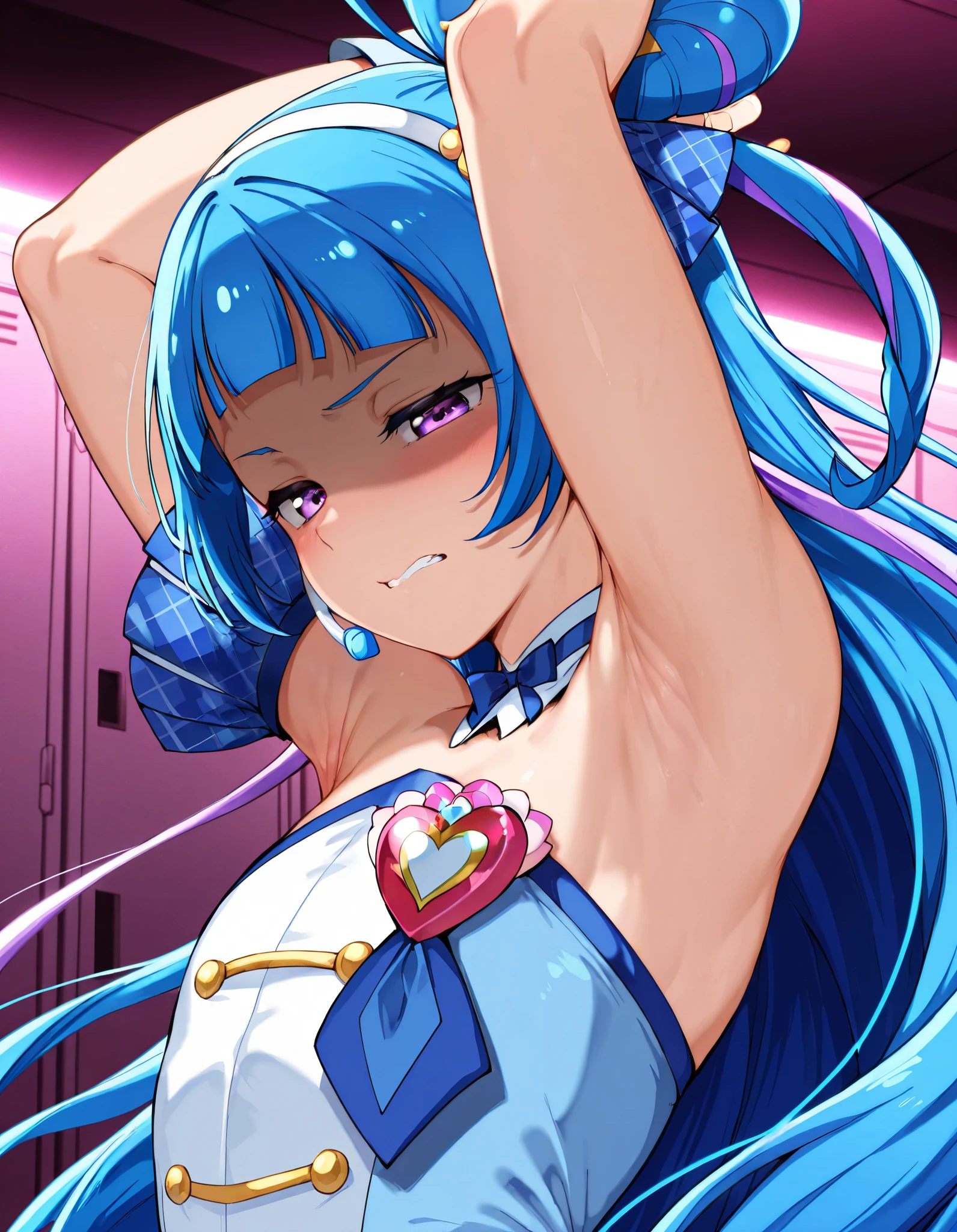 curewink, cure wink, kimi to idol precure, blue hair, magical girl, mini crown, purple eyes, tilted headwear, very long hair, blunt bangs, bare shoulders, hairband, two-tone hair, purple hair, jewelry, idol clothes, idol,heart brooch, headset,


,BREAK, armpit, arm over head, left arm over head. focus on armpit,
shaded face, ,blush,  (narrowed eyes:1.2),\(troubled eyeblows:1.5\), disdaining , (dissapointed:1.1),(clenched teeth), look down at viewer,  masterpiece,absurderes, beautiful detailed face
BREAK,  masterpiece,absurderes, beautiful detailed face,(masutepiece:1.2), Best Quality, High resolution, Unity 8k wallpaper, (Illustration:0.8), (Beautiful detailed eyes:1.6), extra detailed face, Perfect Lighting, extremely details CG, (Perfect hands, Perfect Anatomy)
,BREAK,Alp,

,looking down at viewer, 
from side,show armpit from short sleeves,

((masutepiece,hight resolution)), masutepiece, Best Quality, , absurderes, Perfect Skin, Detailed skin texture, ultra-detailliert, 8K, Intricate details, beautifull detailed face,hight resolution, 1girl ,from front,

indoors,locker room
