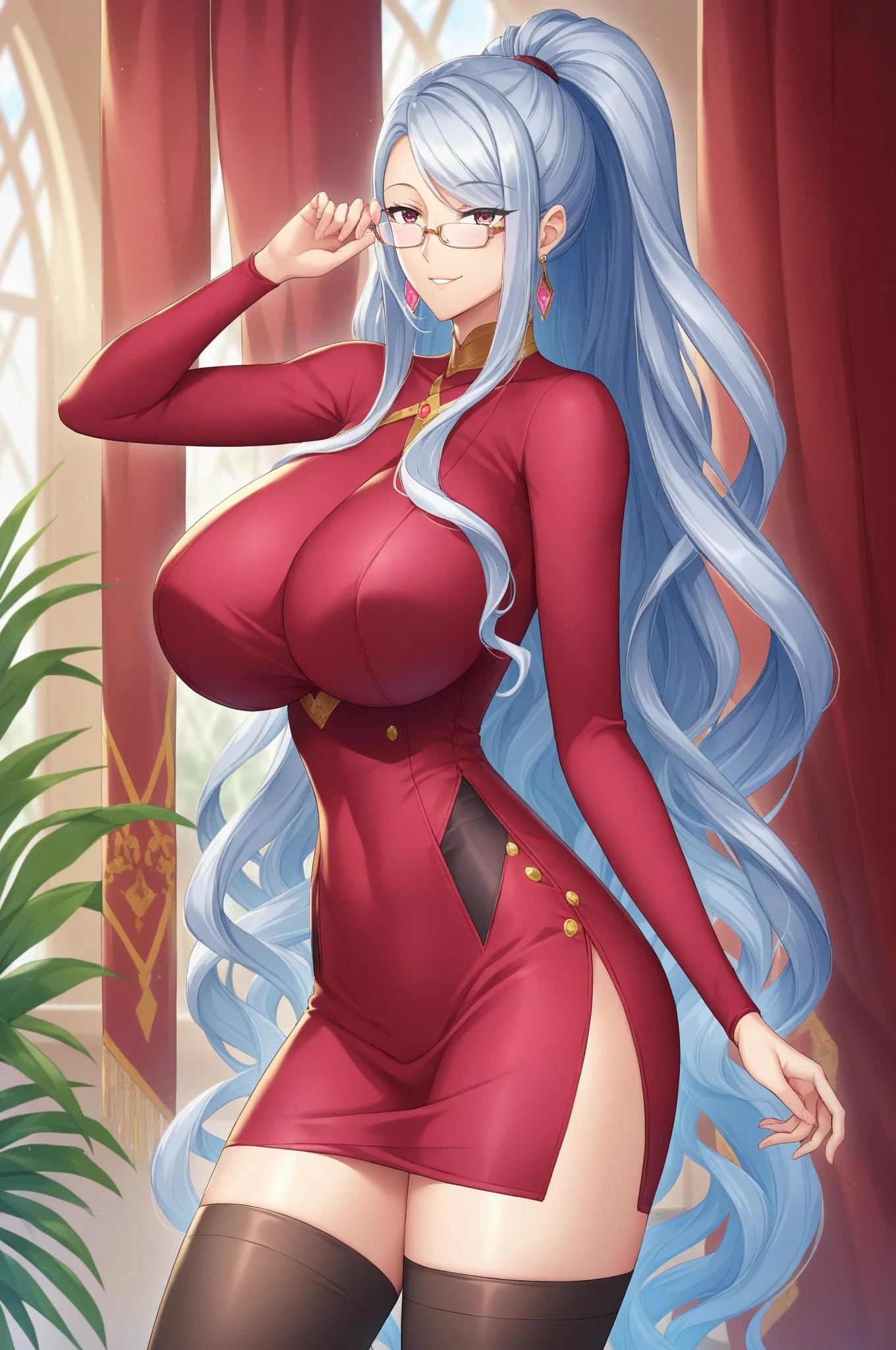 One Woman、Braided twin tails、Huge breasts、(Huge breasts:1.8)、Glasses、blue eyes、Green Hair、Red Chinese Dress,Long dress, No sleeve, Black lace knee socks, In the living room, Are standing, Seduce your sexy waist ,I can see your pants、