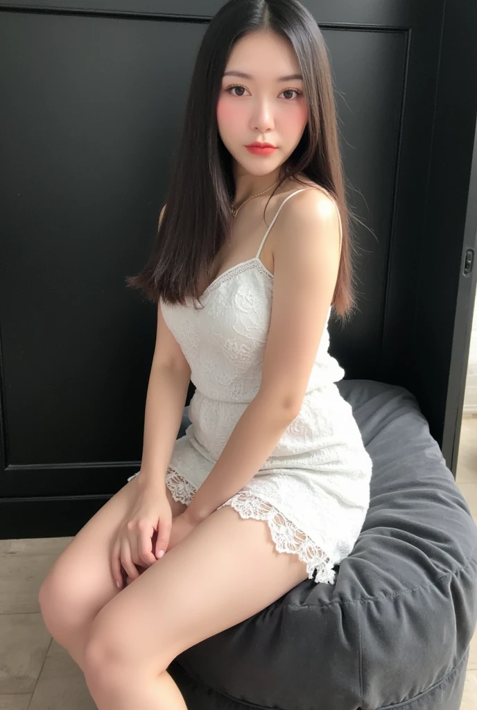 (highest quality, 8k, Tabletop, Ultra HD: 1.3), One Girl, Small underbust, Light brown hair, Blunt bangs, Hair behind the ear, Hair that falls over the shoulders, Long Hair, Slim figure, Ultra-fine face, Delicate lips, Beautiful Eyes, double eyelid, lipstick,An inviting gaze, Ultra-thin needle, Very thin fingers, Tight dress, Beautiful feet ,Hotel.Relax、KPOP idol faces，The viewer is the viewer&#39;s gaze, Sculpture model pose, Big Breasts 