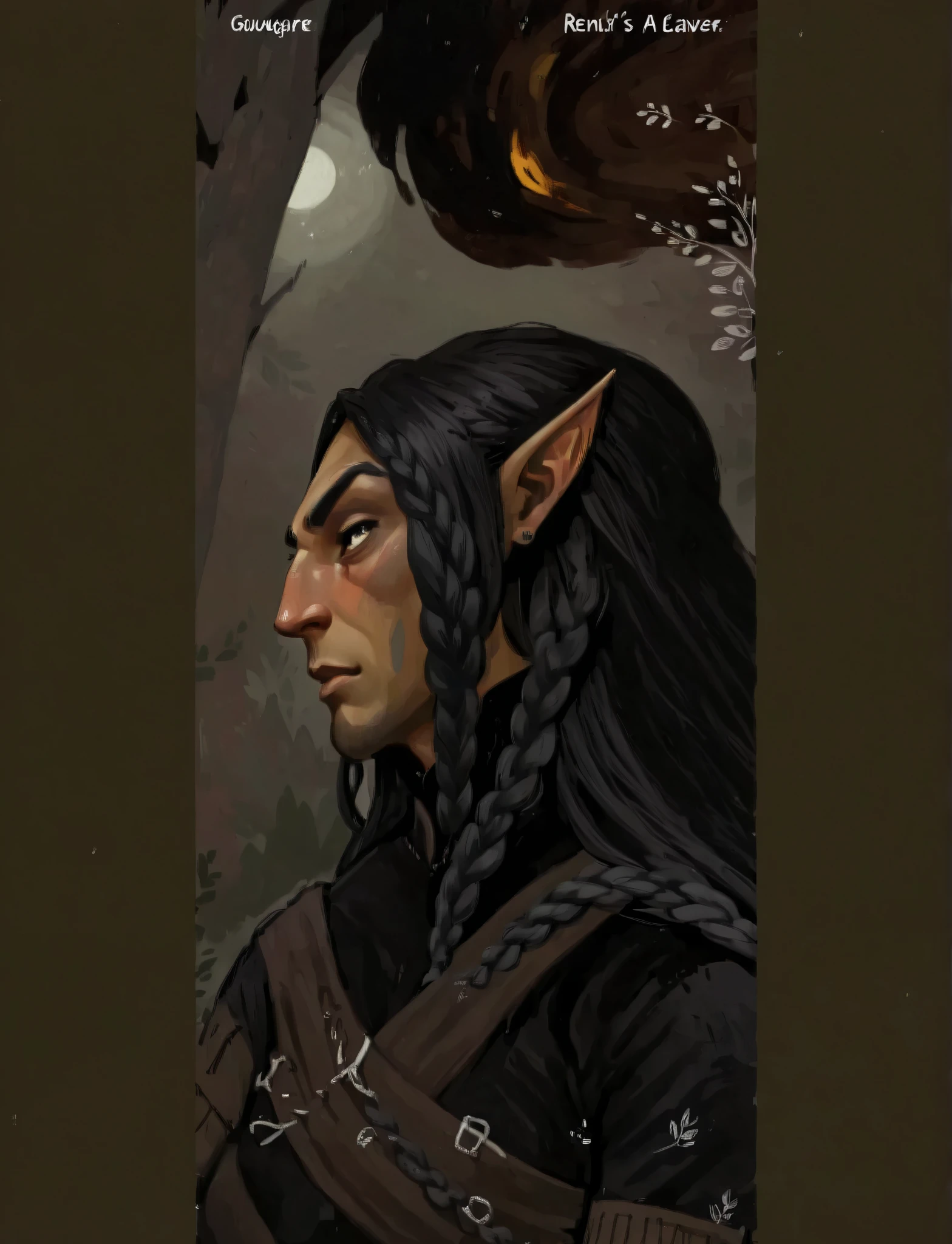 2D ART, hyper detailed gouache painting, illustration, gougoupaintleaves style, portrait of a man, 1boy, solo, long_hair, braided brown hair, high_ponytail_hairstyle, male_drow:1.5, dark elf, black eyes, black_sclera, detailed face, handsome features, dark medieval tunic, pointy ears, standing in a dark forest, pov from_below, frontal full body shot, on simple white background, full body shot, very detailed, ren's picture books, dumner