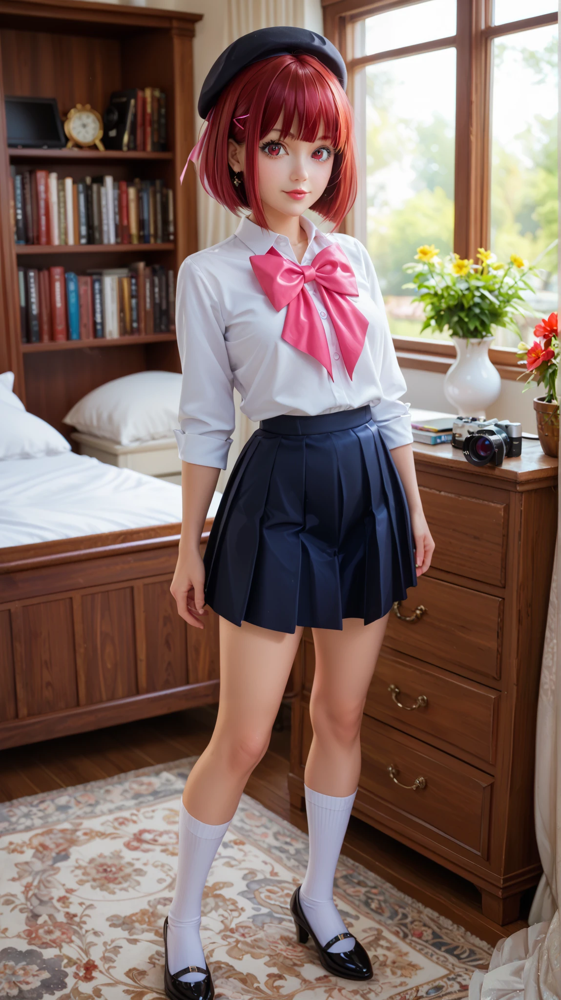Kana Arima, standing gracefully in her dormitory, wears her elegant navy blue school uniform with gold trim, a white blouse, a pink bow, and a pleated gray skirt. She poses confidently, her red eyes twinkling mischievously, and her short, vibrant red hair, styled with a beret and black bow, is neatly combed. Warm sunlight streaming through the window gently illuminates the room, casting a glow on her skin and creating soft shadows. The background shows a cozy bedroom with a wooden desk, bookshelves, a neatly made bed, and personal ornaments, providing a glimpse of her personality. The photograph was shot with a full-length perspective, a right angle, and ultra-detailed, realistic fabric textures. 50mm lens, f/2.0, 8K resolution. --ar 16:9 --v 6 --style raw --q 2 --s 750