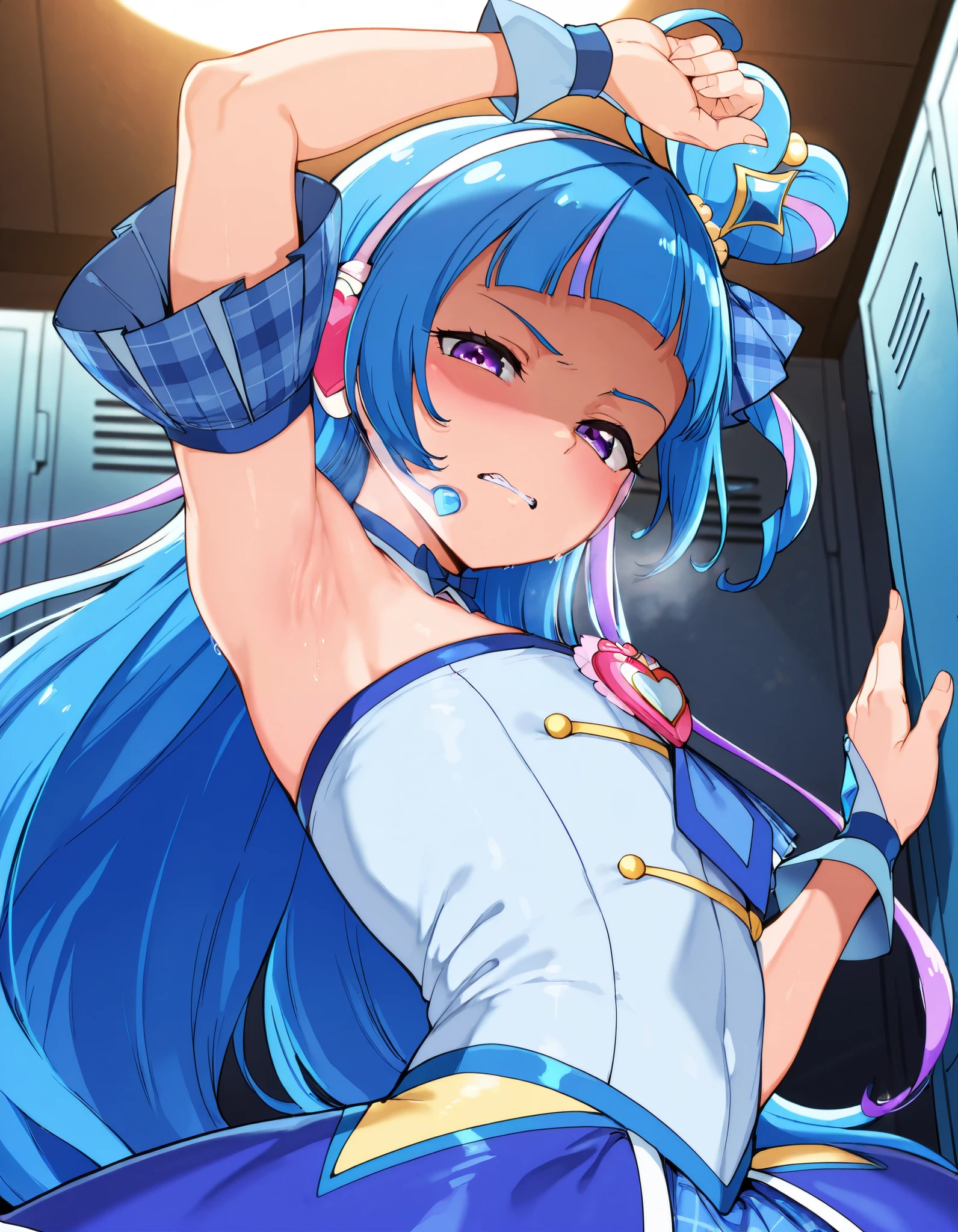 curewink, cure wink, kimi to idol precure, blue hair, magical girl, mini crown, purple eyes, tilted headwear, very long hair, blunt bangs, bare shoulders, hairband, two-tone hair, purple hair, jewelry, idol clothes, idol,heart brooch, headset,
,BREAK, armpit, arm over head, left arm over head. focus on armpit,
grossed out、yuck、 gross, shaded face, ,blush, (narrowed eyes:1.2),\(troubled eyeblows:1.5\), disdaining , (dissapointed:1.1),(clenched teeth), look down at viewer, masterpiece,absurderes, beautiful detailed face,
BREAK, masterpiece,absurderes, beautiful detailed face,(masutepiece:1.2), Best Quality, High resolution, Unity 8k wallpaper, (Illustration:0.8), (Beautiful detailed eyes:1.6), extra detailed face, Perfect Lighting, extremely details CG, (Perfect hands, Perfect Anatomy)
,BREAK,Alp,
,looking down at viewer,
from side,show armpit from short sleeves,
((masutepiece,hight resolution)), masutepiece, Best Quality, , absurderes, Perfect Skin, Detailed skin texture, ultra-detailliert, 8K, Intricate details, beautifull detailed face,hight resolution, 1girl ,from front,
indoors,locker room