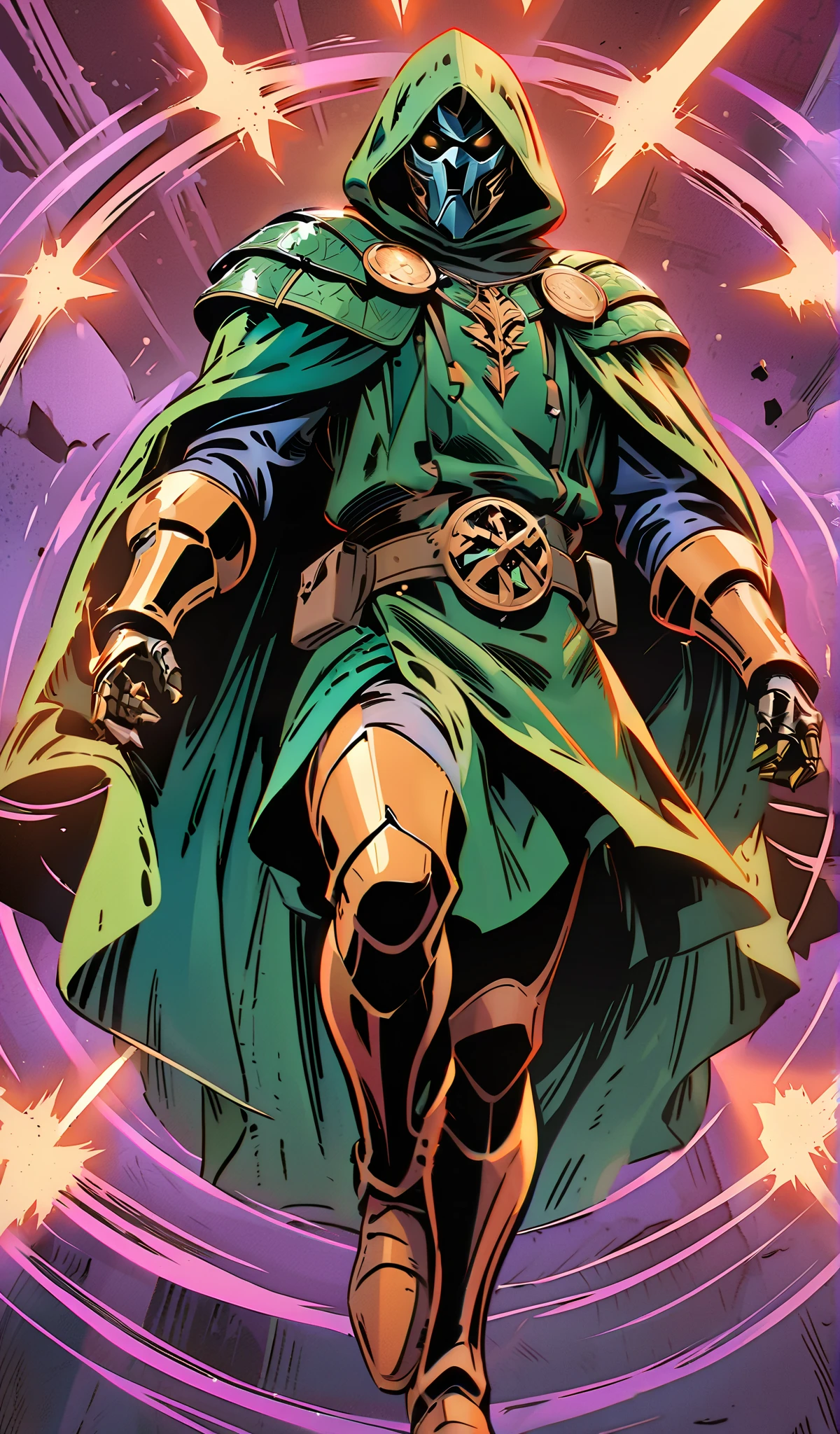 Drawn in 80’s anime art style.
Retro anime. Vintage Anime. Classical Anime.
The outfit is a highly recognizable and iconic superhero suit, primarily green and black, designed for both style and functionality. Here’s a detailed breakdown of its elements:
This person’s combat attire is a fusion of medieval warlord aesthetics, cutting-edge technology, and dark sorcery. He wears a cold, expressionless metal mask fused to his scarred face, paired with a reinforced helmet for added protection. His titanium alloy armor, sometimes infused with vibranium, grants superhuman strength, energy projection, and force field generation, making him nearly indestructible. Over this, he dons a fire-resistant green cloak and hood, often enchanted for extra defense. His gauntlets and boots contain built-in electrical weapons, jet propulsion for flight, and shock-absorption systems. A utility belt holds advanced gadgets, anti-magic tools, and teleportation devices, while his armor is infused with sorcery, allowing him to resist and counter magical attacks. His regal golden clasps, bearing the Latverian insignia, sometimes function as power sources or communication devices. This fearsome combination of strength, science, and sorcery makes them an unstoppable force on the battlefield.
This outfit not only provides protection but also enhances the Superhero’s combat capabilities, making them an effective and stylish anti-hero.