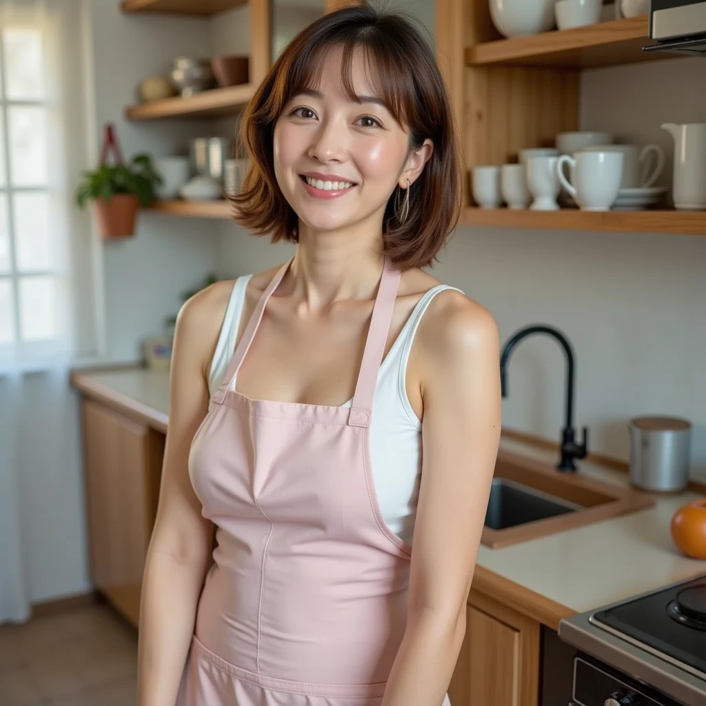最high quality, In 8K, Masseter region, Vibrant, Sharp focus, high quality, High resolution, Detailed face, Fine grain, Thick lips, (Looking at the audience), alone, Beautiful woman, 38 years old, （Standard body shape）、（D cup breasts）、（Short black hair:1.5）, Cleavage、（Bright room、Wooden wall）、（The large window overlooks the lake.:1.6）、 (Standing at the kitchen island:1.6）、（White conservative dress:1.6）、（smile:1.5）、（Black pumps:1.5）