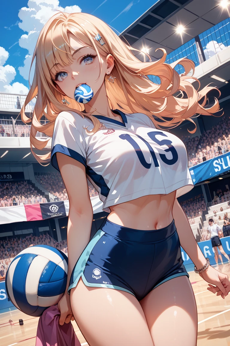 Young woman volleyball player, blonde, gray eyes, big hips and thighs, small breasts.