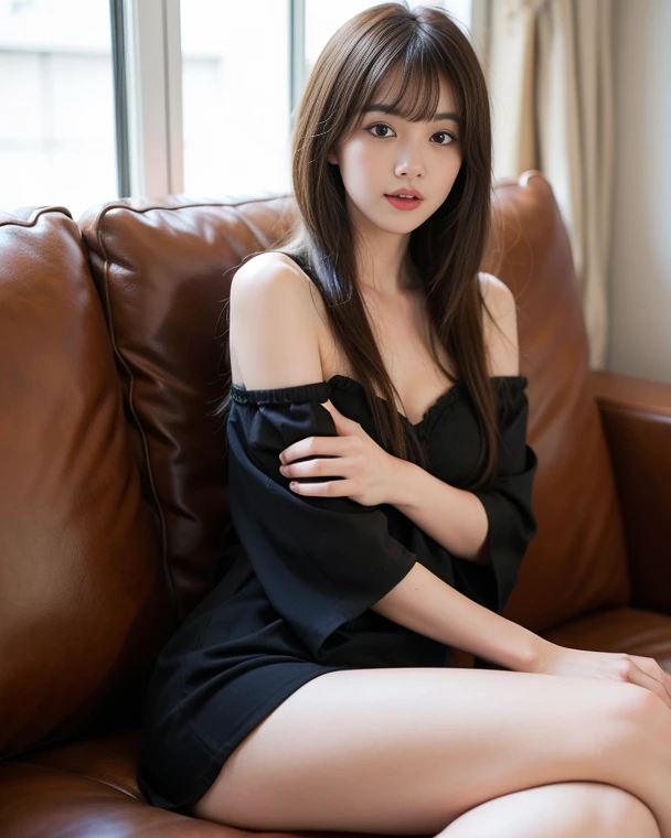 (Photoreal)、(Super high presence)、(Ultra high fine mesh)、(Ultra high definition mesh)、(increase contrast)、(increase saturation)、( girl、small face、Extremely beautiful face、natural makeup)(fair skin)(sparkling eyes)bright smile、beautiful woman with perfect figure、cute face、、(genuineのような顔)、short bob、hair behind the ear、realistic eyes、natural makeup、beautiful details、(genuineのような肌)、beautiful skin、charm、Super premium、Super realistic、genuine、Very fine、、bangs)、(inner、Black dress、mini length)knee high boots、Cute Idol of Japan、)brown hair、(stylish luxury hotel、)sofa、sofaに座る、beautiful cleavage、bebreasts、thin waist、、thin thighs、((raise yolegs、knees are aligned))(((Medium long shot to ankle)))