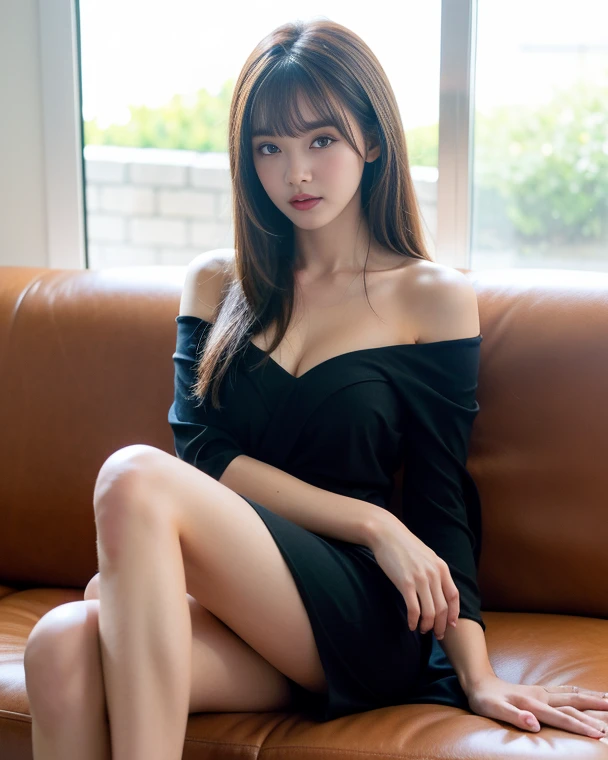 ((of the highest quality, 8K, masutepiece: 1.3, Raw photo)), Sharp Focus: 1.2, (1 AESPA Girl :1.1), Solo, (Realistic, Photorealistic: 1.37), (Face Focus: 1.1), Cute face, hyperdetailed face, brunette short messy hair, Small Smile, slender, nude, (office uniform like Off-the-shoulder chiffon dress, business skirt: 1.2), (Sitting with one knee up: 1.3), office, flower, dahlia