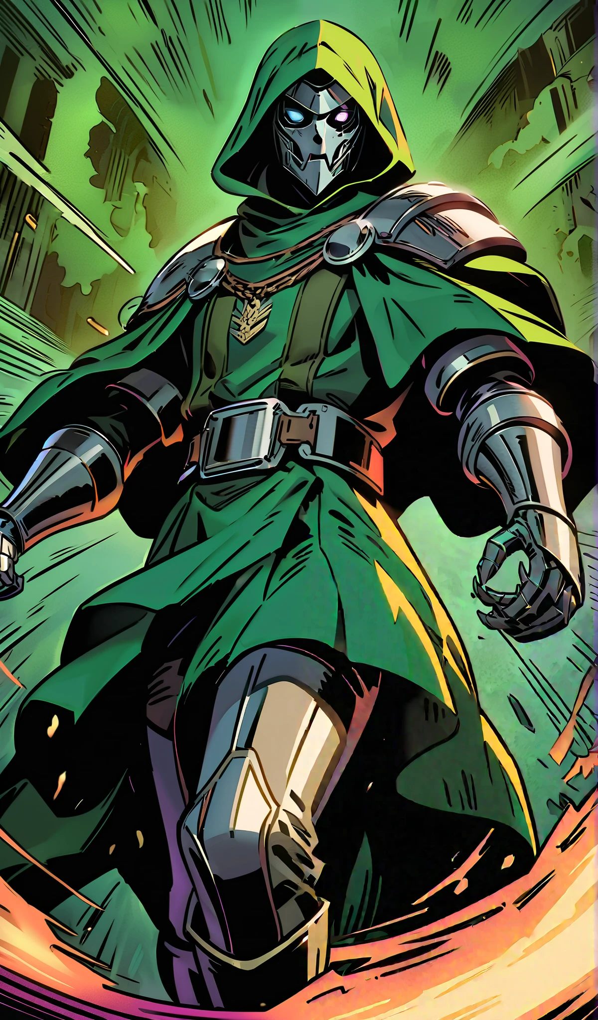 Drawn in 80’s anime art style.
Retro anime. Vintage Anime. Classical Anime.
The outfit is a highly recognizable and iconic superhero suit, primarily green and black, designed for both style and functionality. Here’s a detailed breakdown of its elements:
This person’s combat attire is a fusion of medieval warlord aesthetics, cutting-edge technology, and dark sorcery. He wears a cold, expressionless metal mask fused to his scarred face, paired with a reinforced helmet for added protection. His titanium alloy armor, sometimes infused with vibranium, grants superhuman strength, energy projection, and force field generation, making him nearly indestructible. Over this, he dons a fire-resistant green cloak and hood, often enchanted for extra defense. His gauntlets and boots contain built-in electrical weapons, jet propulsion for flight, and shock-absorption systems. A utility belt holds advanced gadgets, anti-magic tools, and teleportation devices, while his armor is infused with sorcery, allowing him to resist and counter magical attacks. His regal golden clasps, bearing the Latverian insignia, sometimes function as power sources or communication devices. This fearsome combination of strength, science, and sorcery makes them an unstoppable force on the battlefield.
This outfit not only provides protection but also enhances the Superhero’s combat capabilities, making them an effective and stylish anti-hero.