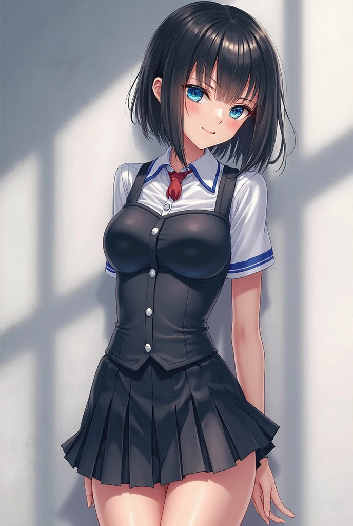 (((masterpiece, Highest quality, High resolution, 超High resolution, Pixel perfect, Written boundary depth, 4K, RTTX10.0))), Beautiful Anime Woman, Beautiful art style, Anime characters, ((Smooth texture, Realistic texture, Anime CG style)), Exact finger count、Exact number of legs、(Exact number of arms:1.0, Exact number of hands:1.0), (Perfect hands, Perfect Anatomy), Cinematic, Realistic, Highly detailed CG, Daytime lighting, Perfect lighting, Best Shadow, The best natural light, whole body, Perfect body, (Slender body:1.2), whole body, ((bangs, Dark brown hair, Stylish and cute bob cut)), ((Cute woman trying to remove her panties:1.3)), (Fashionable white shirt, Sailor collar, Knee-high socks, loafers, Navy pleated mini skirt:1.3), ((Sexy and cute panties, (Stylish shiny satin black panties:1.2), Side tie panties, Small lace panties:1):1.3), (Beautiful and very large breasts:1.1), (Beautiful thighs:1.3), Short torso, Feeling embarrassed, (blush:1.2), (Embarrassed expression:1.4), (In the school classroom:1.3), Angle from the front