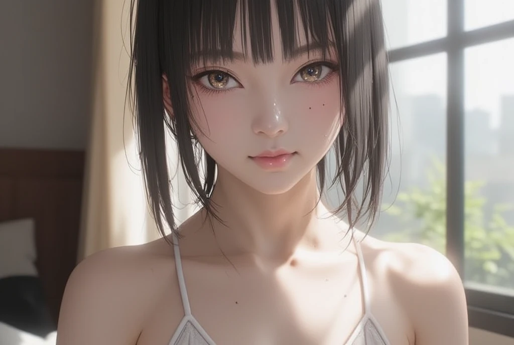 front photo of a young Girl, Overflow, (Curvaceous Body:0.8), Uncensored, Exposed Shoulders, Angel Face, Detailed Face, Backlit, Facial Light, (Smile and Drowsiness and Ecstasy Expression:1.2)(Perfect Female Figure)(Sharp Focus), (Realistic Moisture Skin), Detail Eyes, (Curvaceous Body:0.8), short(messy Hair:1.2), Black Eyes, Best Quality, Ultra High Resolution, (Photorealistic), (Wet Skin), (Camera Focus on Face), (front View), Hetero, (pureerosface_v1:0.6), big tits, (big boobs, jav, sailor high leg bikini), (((erectnipples))), (((erect nipple))),