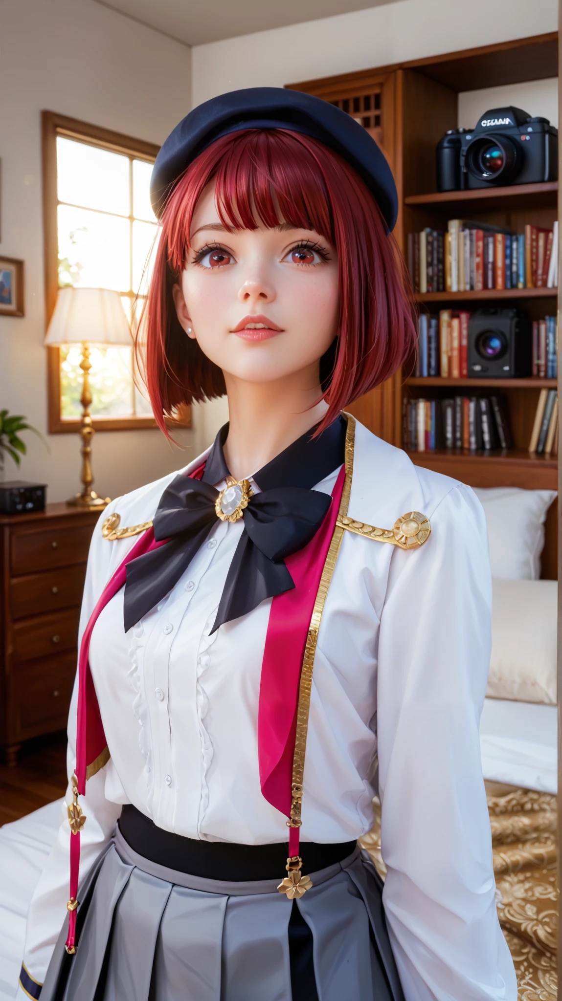 Kana Arima, standing gracefully in her dormitory, wears her elegant navy blue school uniform with gold trim, a white blouse, a pink bow, and a pleated gray skirt. She poses confidently, her red eyes twinkling mischievously, and her short, vibrant red hair, styled with a beret and black bow, is neatly combed. Warm sunlight streaming through the window gently illuminates the room, casting a glow on her skin and creating soft shadows. The background shows a cozy bedroom with a wooden desk, bookshelves, a neatly made bed, and personal ornaments, providing a glimpse of her personality. The photograph was shot with a full-length perspective, a right angle, and ultra-detailed, realistic fabric textures. 50mm lens, f/2.0, 8K resolution. --ar 16:9 --v 6 --style raw --q 2 --s 750