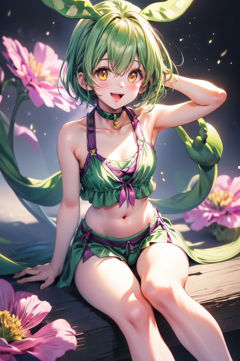 20 year old girl, chica sexy, green hair, short hair, green eyes, Short skirt, green skirt, Small strapless blouse, Short blouse up to the abdomen, Blouse sin Olanes, green blouse, Green long sleeves, Blouse that shows the shoulders, Sin collar, Shows the navel, green boots, back view.