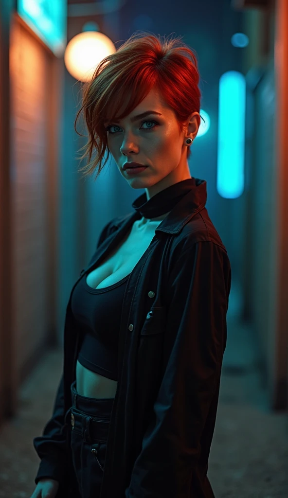 (best quality,4k,8k,highres,masterpiece:1.2), ultra-detailed, (realistic,photorealistic,photo-realistic:1.37), beautiful detailed eyes, beautiful detailed lips, extremely detailed face, long eyelashes, flawless skin, exquisite facial features, radiant complexion, captivating gaze, alluring smile, sensual lips, dark fantasy, a beautiful woman, finely crafted facial Rayne from game the BloodRayne features, intricate brush strokes, beautiful lighting, Cinematic, Color correction, stylized anatomy, short red hair, full body, evil smile and a look from under the brows, sensual atmosphere, artistic lighting , (cool colors), damp, reflections, (masterpiece) (perfect aspect ratio), (realistic photo), (best quality), (detailed) photographed on a Canon EOS R5, 50mm lens, F/2.8, HDR, (8k) (wallpaper) (cinematic lighting) (dramatic lighting) (sharp focus) (intricate), RAW photo, RAW photo, gigachad photo, posing for camera, dynamic posing, black jeans, 8k uhd, dslr, high quality, film grain, Fujifilm XT3, extremely detailed, photorealistic, realistic, incredibly absurd, highly detailed, sharp focus, (Professional Studio Lighting), (Professional Color Grading), Edge Lighting, Dramatic lighting, Cinematic lighting, Lumen reflections, Soft natural lighting, Soft color, Photon mapping, Radiosity, (Beautiful eyes), (Detailed eyes), (Detailed face), symmetrical eyes, sharp eyes, full body), (HIGH LEVEL OF DETAIL), (skinny athletic body), (sweaty),high detailed skin, uncharacterized texture, hyper detailed, realistic skin texture, armor, best quality, dynamic pose, ultra high res, (photorealistic: 1.4) high resolution, detailed, raw photo, sharp re, by lee jeffries nikon d850 film stock photography 4 kodak portra 400 camera F1.6 Lens rich colors hyper realistic texture dramatic lighting UnrealEngine trend in Artstation Cinestill 800, veins in the body, (body and fitness).