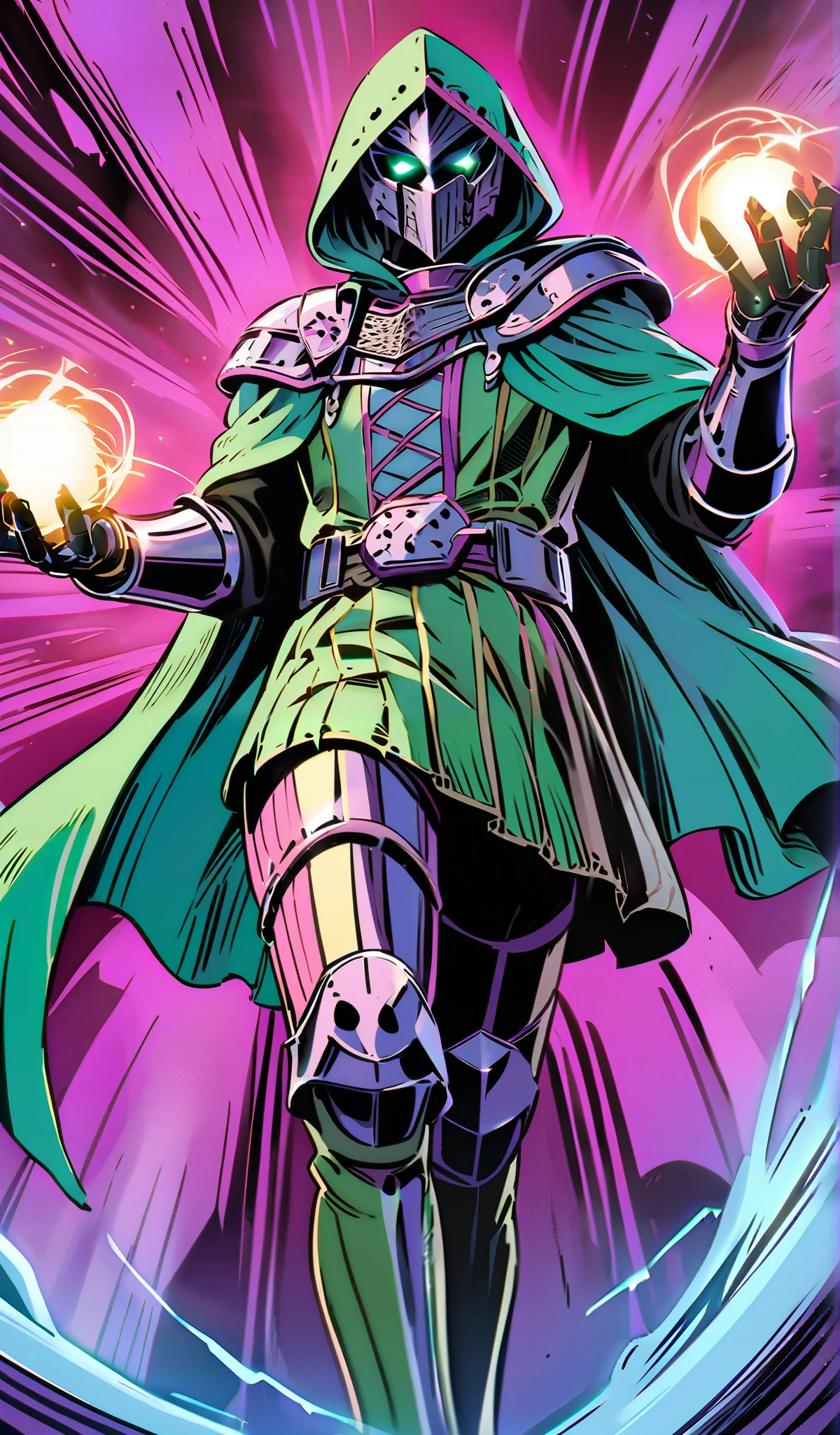 Drawn in 80’s anime art style.
Retro anime. Vintage Anime. Classical Anime.
The outfit is a highly recognizable and iconic superhero suit, primarily green and black, designed for both style and functionality. Here’s a detailed breakdown of its elements:
This person’s combat attire is a fusion of medieval warlord aesthetics, cutting-edge technology, and dark sorcery. He wears a cold, expressionless metal mask fused to his scarred face, paired with a reinforced helmet for added protection. His titanium alloy armor, sometimes infused with vibranium, grants superhuman strength, energy projection, and force field generation, making him nearly indestructible. Over this, he dons a fire-resistant green cloak and hood, often enchanted for extra defense. His gauntlets and boots contain built-in electrical weapons, jet propulsion for flight, and shock-absorption systems. A utility belt holds advanced gadgets, anti-magic tools, and teleportation devices, while his armor is infused with sorcery, allowing him to resist and counter magical attacks. His regal golden clasps, bearing the Latverian insignia, sometimes function as power sources or communication devices. This fearsome combination of strength, science, and sorcery makes them an unstoppable force on the battlefield.
This outfit not only provides protection but also enhances the Superhero’s combat capabilities, making them an effective and stylish anti-hero.