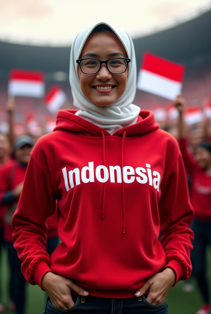 Beautiful indo women, hijab, red long t-shirt and long pants blue jeans,holding a white and red flag, and wall in the back with text "INDONESIA MERDEKA"79" and showing it to the viewer