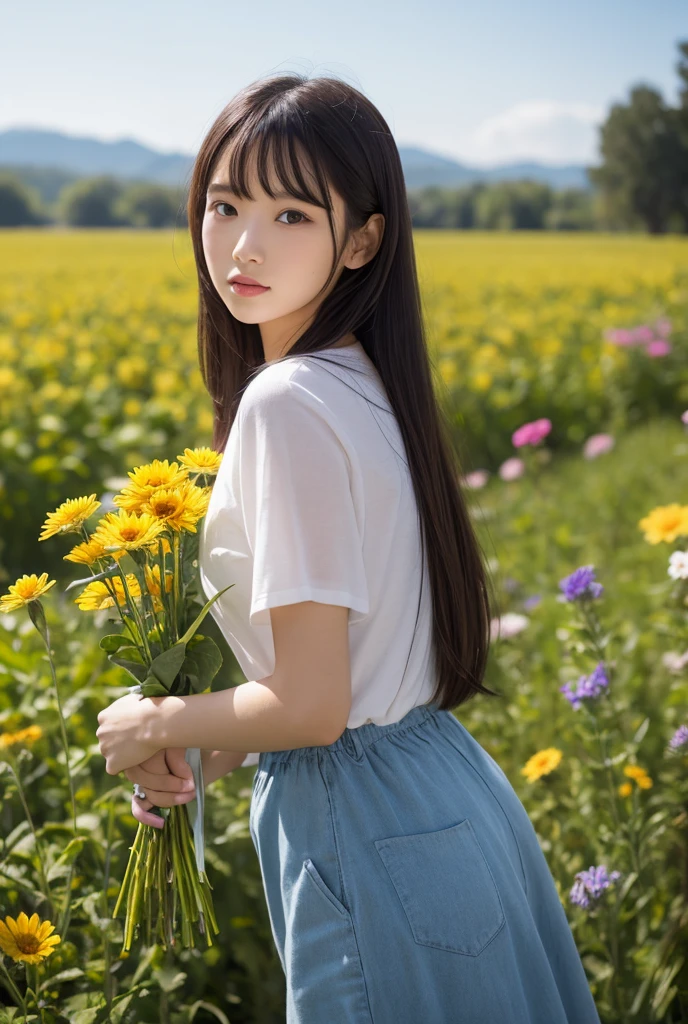 8k, masterpiece, Japanese, 10-year-old girl, Look forward, Innocent features, Kind eyes, Child-like body, The upper body is naked、Small breasts、Small breasts、Short skirt, Ultra low angle、My pants are showing、Semi-long hair, Daytime, bright, Tulip Fields