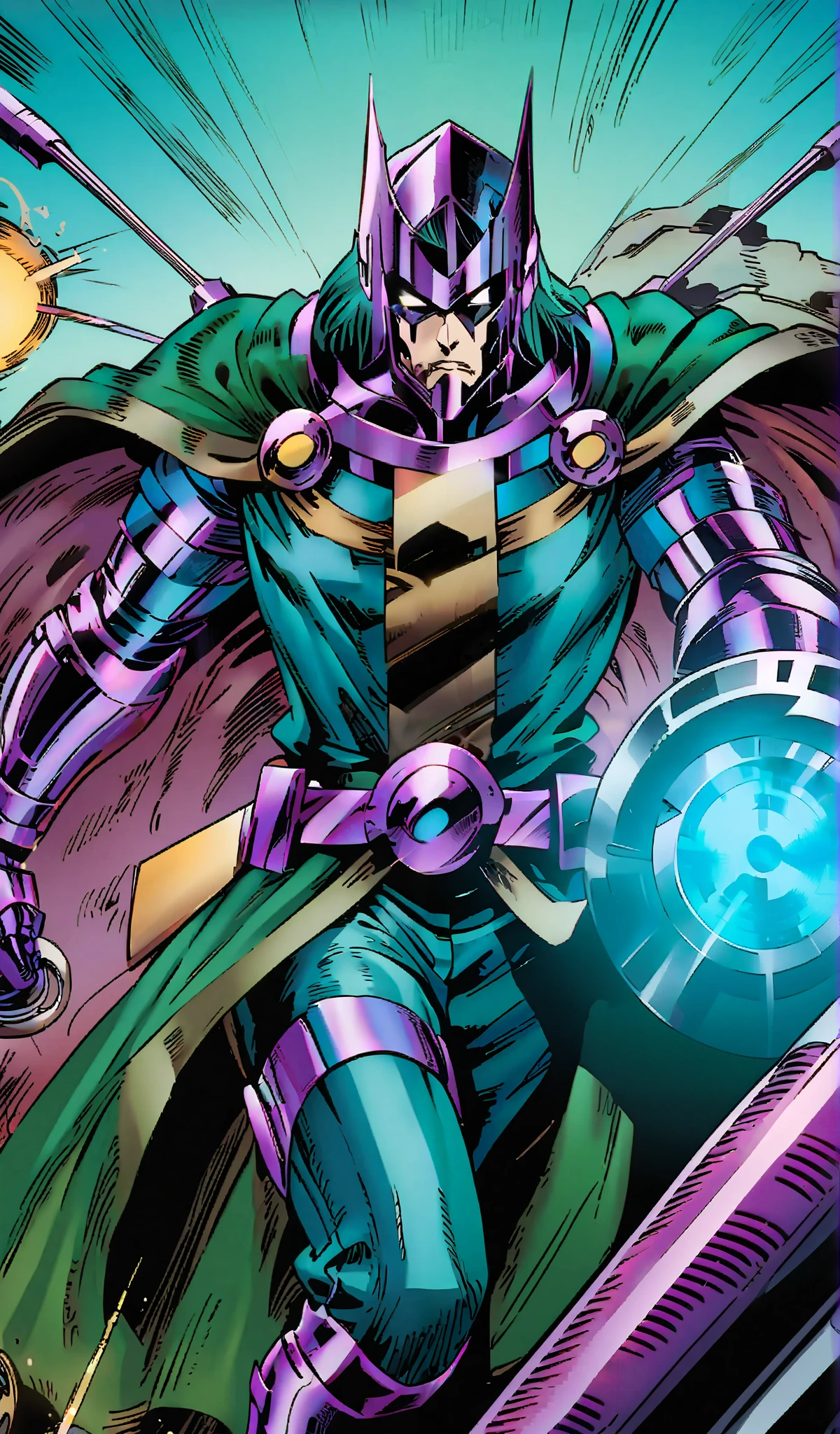 Drawn in 80’s anime art style.
Retro anime. Vintage Anime. Classical Anime.
The outfit is a highly recognizable and iconic superhero suit, primarily green and black, designed for both style and functionality. Here’s a detailed breakdown of its elements:
This person’s combat attire is a fusion of medieval warlord aesthetics, cutting-edge technology, and dark sorcery. He wears a cold, expressionless metal mask fused to his scarred face, paired with a reinforced helmet for added protection. His titanium alloy armor, sometimes infused with vibranium, grants superhuman strength, energy projection, and force field generation, making him nearly indestructible. Over this, he dons a fire-resistant green cloak and hood, often enchanted for extra defense. His gauntlets and boots contain built-in electrical weapons, jet propulsion for flight, and shock-absorption systems. A utility belt holds advanced gadgets, anti-magic tools, and teleportation devices, while his armor is infused with sorcery, allowing him to resist and counter magical attacks. His regal golden clasps, bearing the Latverian insignia, sometimes function as power sources or communication devices. This fearsome combination of strength, science, and sorcery makes them an unstoppable force on the battlefield.
This outfit not only provides protection but also enhances the Superhero’s combat capabilities, making them an effective and stylish anti-hero.