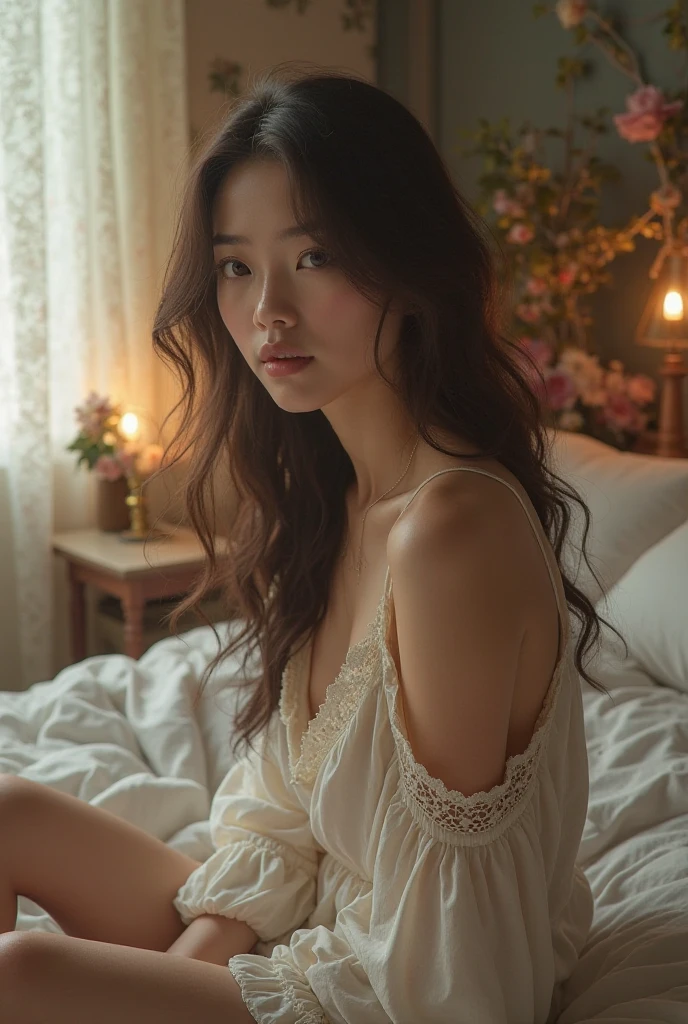 1 Japanese woman, age 17, alone, cute, look at viewer, beautiful body, Blush, (Long wavy brown hair), (small breast), (green eyes), Eyes that are very life-like,Clearly see the pink nipples, A comfortable, thin white nightgown with a stylish off-shoulder design., Beautiful bedroom environment,Beautiful and realistic lighting,In the morning, Rain and sun,Beautiful colored curtained windows,Light passes through,Affecting the beautiful body,Realistic light and shadow, Highly detailed, Masterpiece, best quality, Highest quality, high resolution, (Masterpiece:1.2), realistic light, incredible light,Cinematic lighting