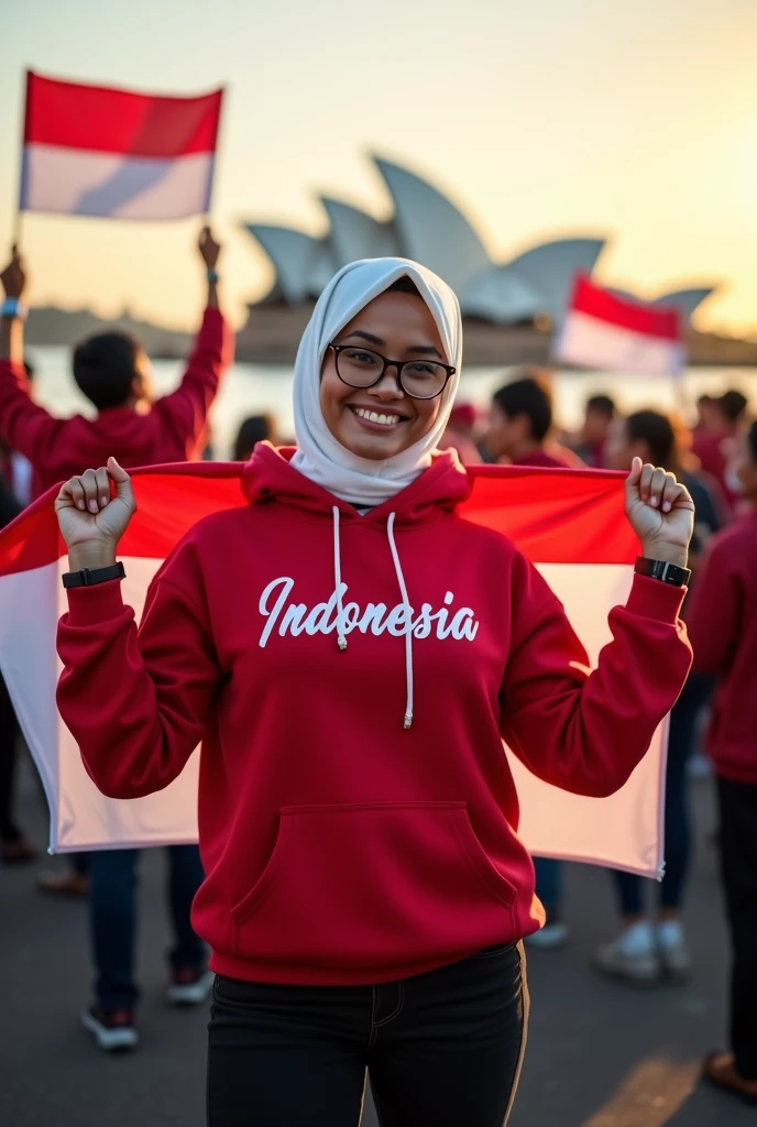 Beautiful indo women, hijab, red long t-shirt and long pants blue jeans,holding a white and red flag, and wall in the back with text "INDONESIA MERDEKA"79" and showing it to the viewer