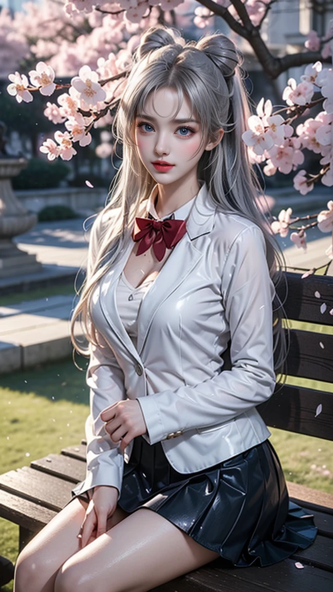 ​masterpiece, top-quality, 1 girl in、Students of the Magic School、short velvet robe、White Classy Shirt、Plaid pleated skirt、Red ribbons、White High Socks、Leather shoes、Height 120 cm、12year old、Light purple hair、Cute smile、beautiful countenance、beautidful eyes、Slim body、small tits、magic school、Fantasia、in isekai、Medieval Europe、FULL BODYSHOT、Dynamic angles、