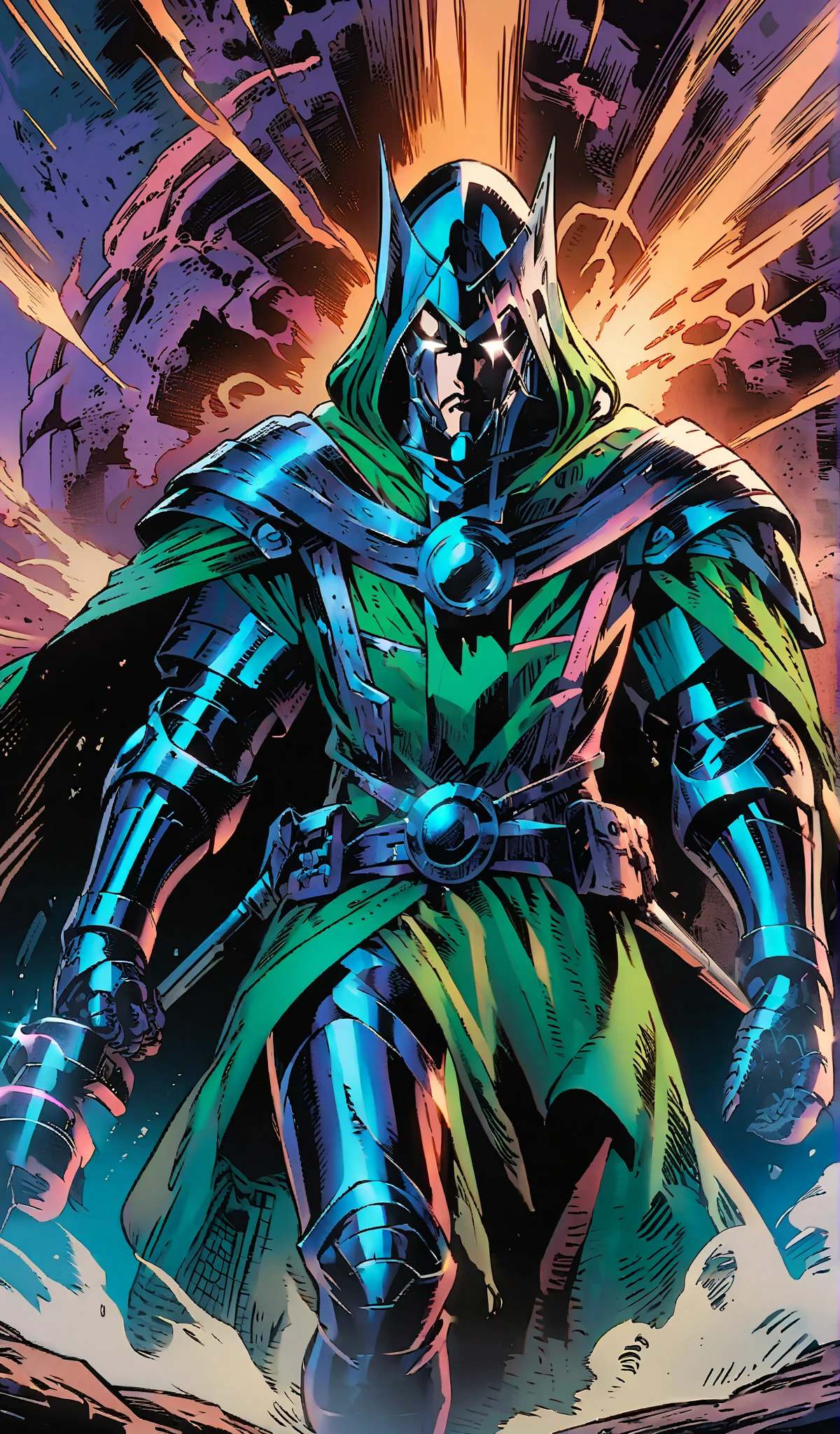 Drawn in 80’s anime art style.
Retro anime. Vintage Anime. Classical Anime.
The outfit is a highly recognizable and iconic superhero suit, primarily green and black, designed for both style and functionality. Here’s a detailed breakdown of its elements:
This person’s combat attire is a fusion of medieval warlord aesthetics, cutting-edge technology, and dark sorcery. He wears a cold, expressionless metal mask fused to his scarred face, paired with a reinforced helmet for added protection. His titanium alloy armor, sometimes infused with vibranium, grants superhuman strength, energy projection, and force field generation, making him nearly indestructible. Over this, he dons a fire-resistant green cloak and hood, often enchanted for extra defense. His gauntlets and boots contain built-in electrical weapons, jet propulsion for flight, and shock-absorption systems. A utility belt holds advanced gadgets, anti-magic tools, and teleportation devices, while his armor is infused with sorcery, allowing him to resist and counter magical attacks. His regal golden clasps, bearing the Latverian insignia, sometimes function as power sources or communication devices. This fearsome combination of strength, science, and sorcery makes them an unstoppable force on the battlefield.
This outfit not only provides protection but also enhances the Superhero’s combat capabilities, making them an effective and stylish anti-hero.