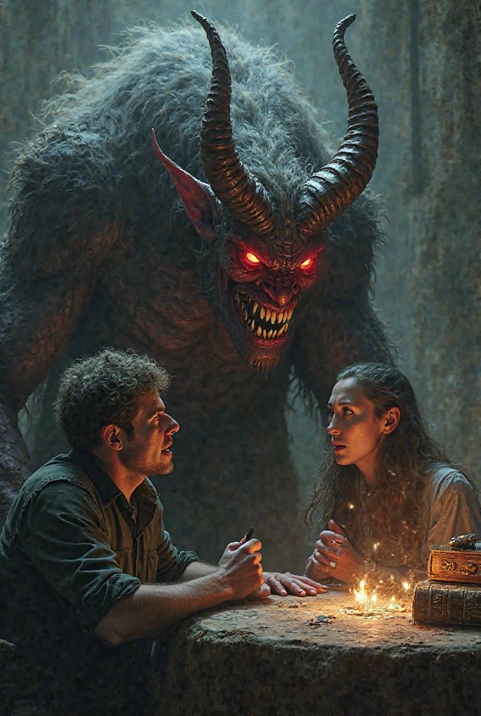 Woman inside the bus and the devil offering a pact with her.
