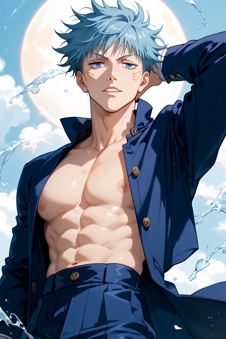 Ultra detailed, HDR, Highres, absurdres, masterpiece, best quality, solo focus, Gojou Satoru, white hair, black blindfold, covered eyes, sad smile, white half-open shirt, black pants, Jujutsu Kaisen, sexy man, handsome, laying, water, dried petals, dried flowers, handsome, sensual, solo, manly, man, looking at viewer