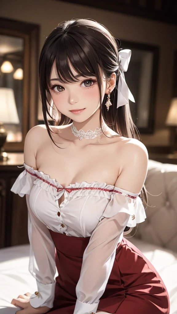 Super beautiful CG、One Girl, ponytail, smile, Brown Hair、Deep blue eyes、Big ribbon、