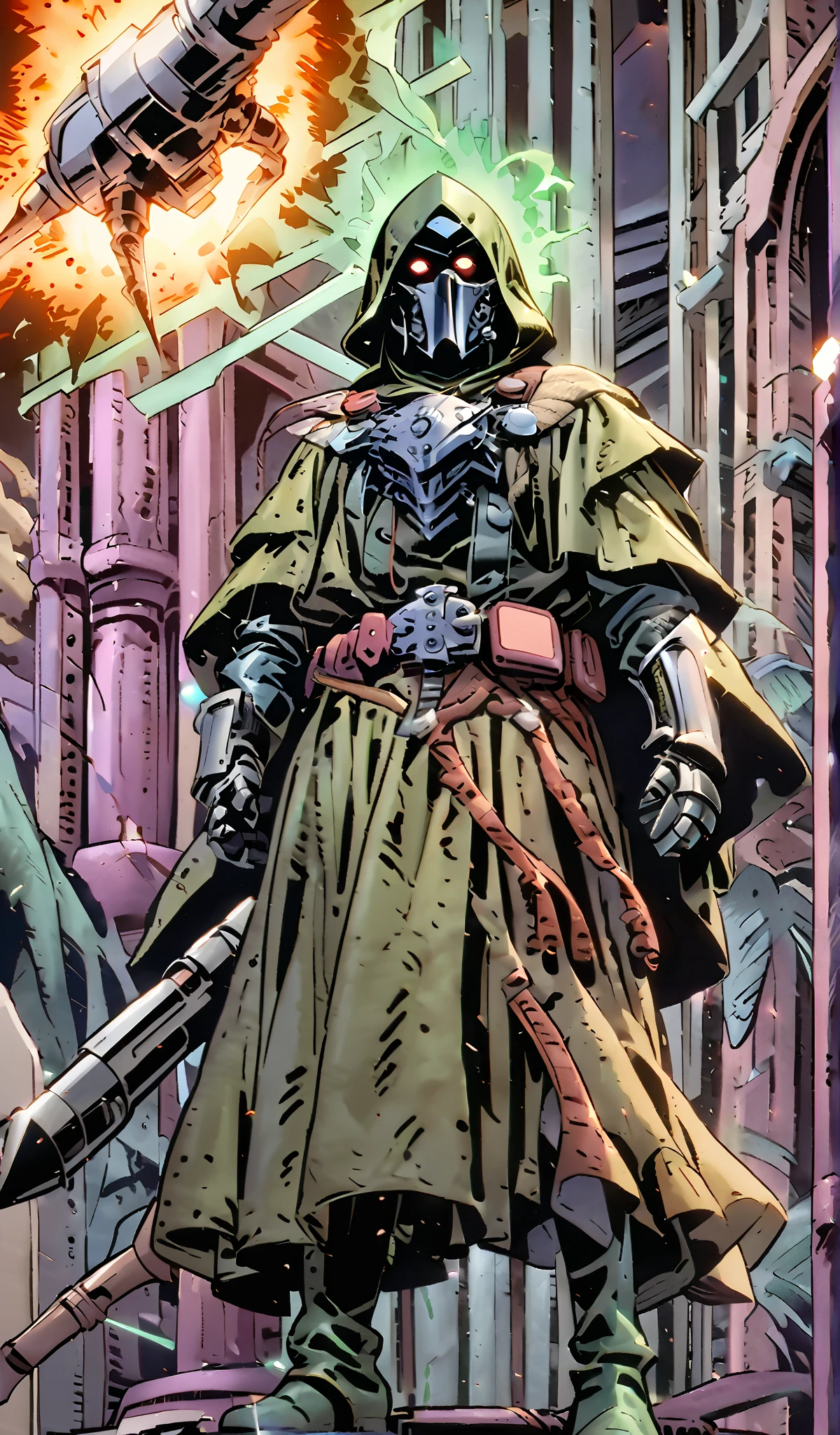 Drawn in 80’s anime art style.
Retro anime. Vintage Anime. Classical Anime.
The outfit is a highly recognizable and iconic superhero suit, primarily green and black, designed for both style and functionality. Here’s a detailed breakdown of its elements:
This person’s combat attire is a fusion of medieval warlord aesthetics, cutting-edge technology, and dark sorcery. He wears a cold, expressionless metal mask fused to his scarred face, paired with a reinforced helmet for added protection. His titanium alloy armor, sometimes infused with vibranium, grants superhuman strength, energy projection, and force field generation, making him nearly indestructible. Over this, he dons a fire-resistant green cloak and hood, often enchanted for extra defense. His gauntlets and boots contain built-in electrical weapons, jet propulsion for flight, and shock-absorption systems. A utility belt holds advanced gadgets, anti-magic tools, and teleportation devices, while his armor is infused with sorcery, allowing him to resist and counter magical attacks. His regal golden clasps, bearing the Latverian insignia, sometimes function as power sources or communication devices. This fearsome combination of strength, science, and sorcery makes them an unstoppable force on the battlefield.
This outfit not only provides protection but also enhances the Superhero’s combat capabilities, making them an effective and stylish anti-hero.