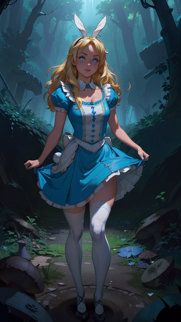 a beautiful 20 year old blonde woman with big messy hair in a blue dress, white stockings, black headband, cleavage, holding a glowing mushroom, fantasy art style, rossdraws cartoon vibrant, alice in wonderland cyberpunk, cute detailed digital art, colorfull digital fantasy art, digital fantasy art ), glossy digital painting, rossdraws pastel vibrant, rossdraws 2. 5, rossdraws 1. 0