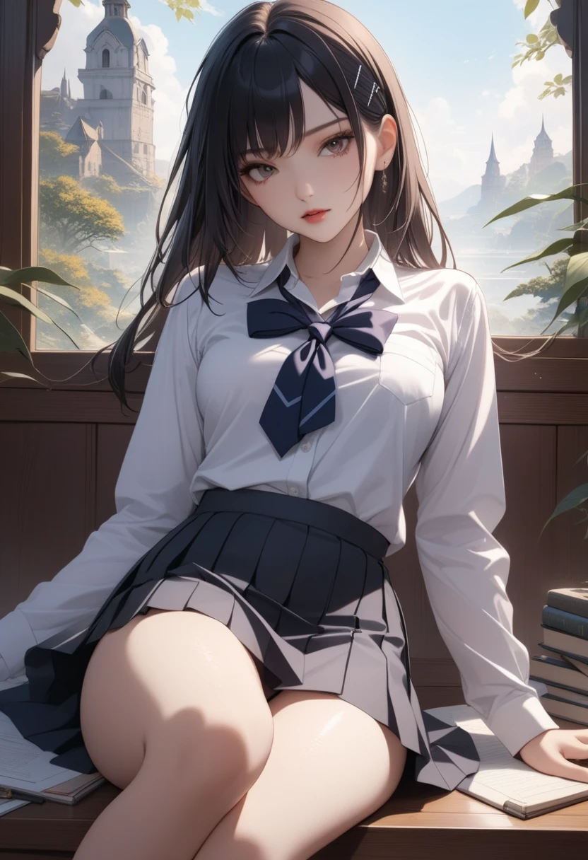 Naughty  girls、Short-sleeved uniform、White blouse、See-through、Navy Skirt、Sexy thighs、Black socks、Black Haired Beautiful Girl、Inviting