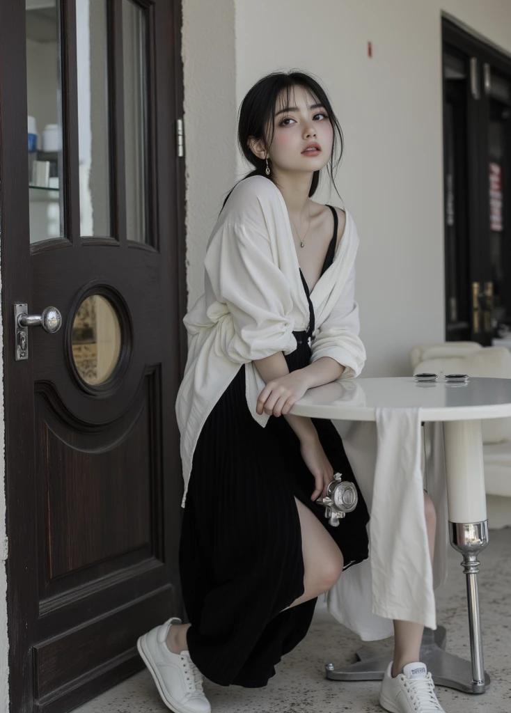 (best qualtiy,8k,32k,tmasterpiece,UHD:1.2),Photo beautiful Korean woman,gigantic cleavage breasts,sface focus,oversized_sweater,from the above,looking at viewert,