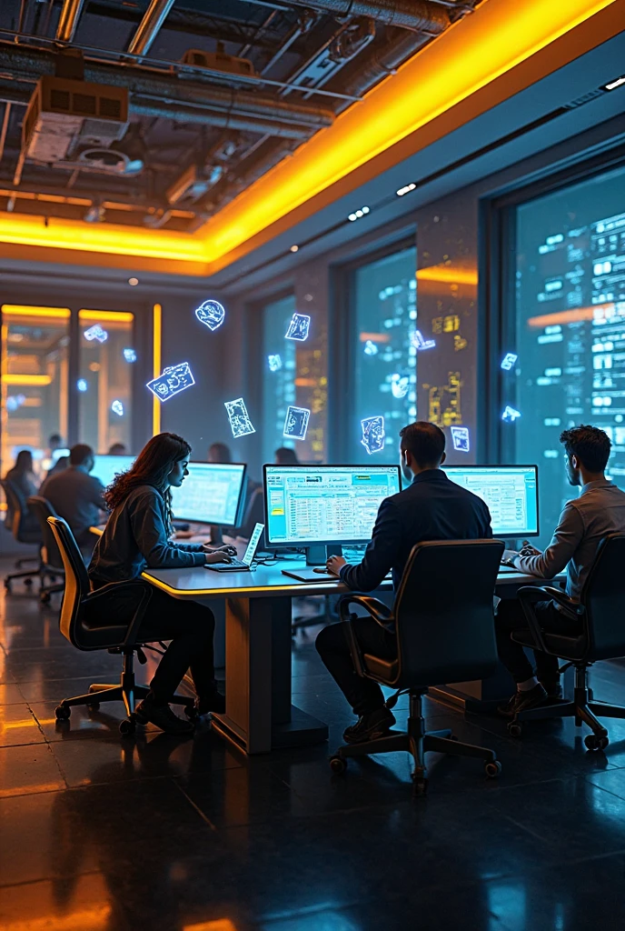 A futuristic and high-tech meeting room with 3 young people each at their desk state-of-the-art computers, with mobile devices and money at emsa. The space is illuminated by black light, yellow and orange, with floating digital currency and neon icons scattered around. A cyberpunk aesthetic,  from science fiction , dynamic lighting, sharp contrasts ,  technological environment , holographic elements, neon glow effects, 4K