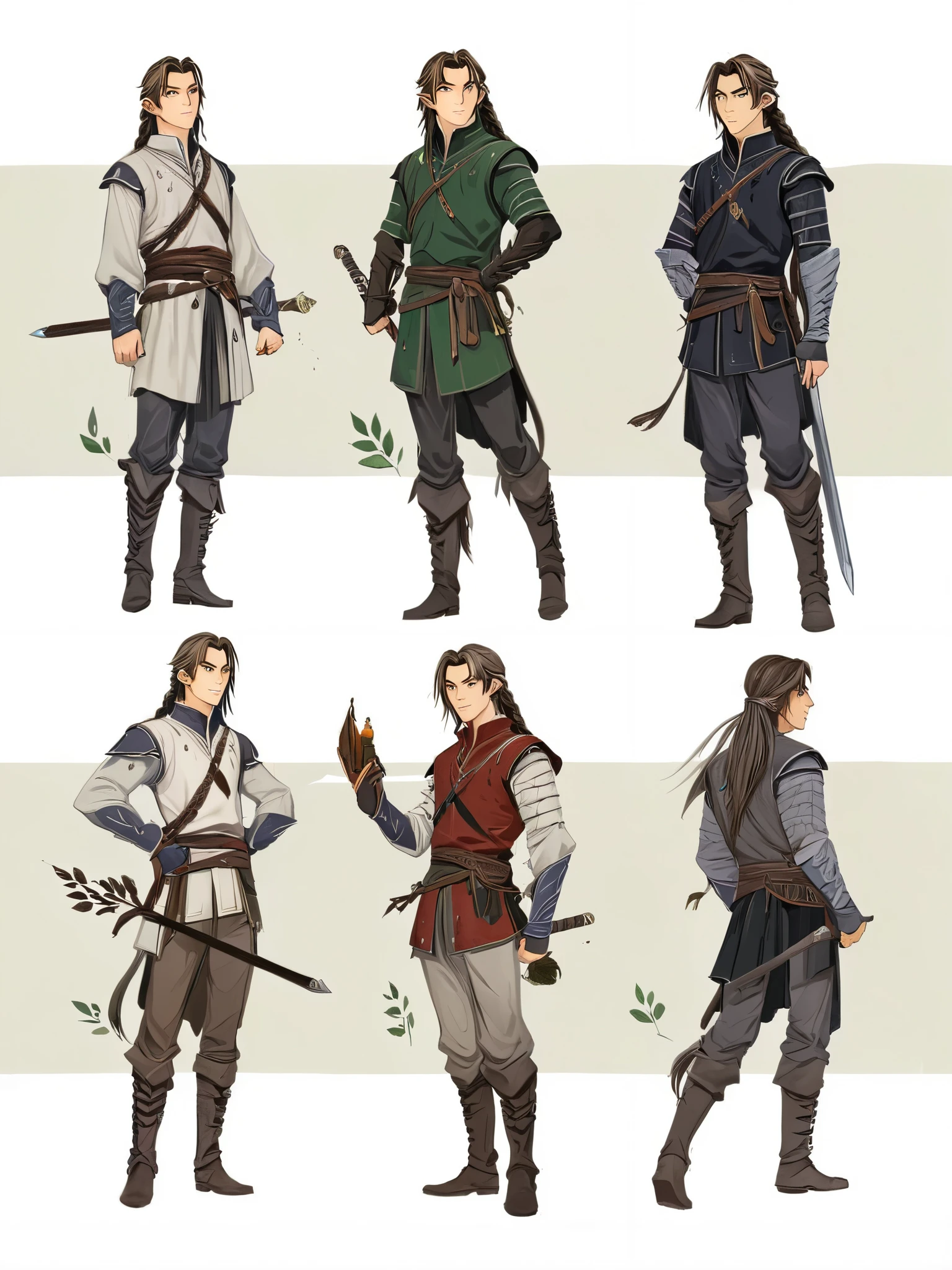 2D ART, hyper detailed gouache painting, illustration, gougoupaintleaves style, portrait of a man, 1boy, solo, long_hair, braided brown hair, high_ponytail_hairstyle, male_drow:1.5, dark elf, black eyes, black_sclera, detailed face, handsome features, dark medieval tunic, pointy ears, standing in a dark forest, pov from_below, frontal full body shot, on simple white background, full body shot, very detailed, ren's picture books, FRESHIDEAS Illustration No. 12