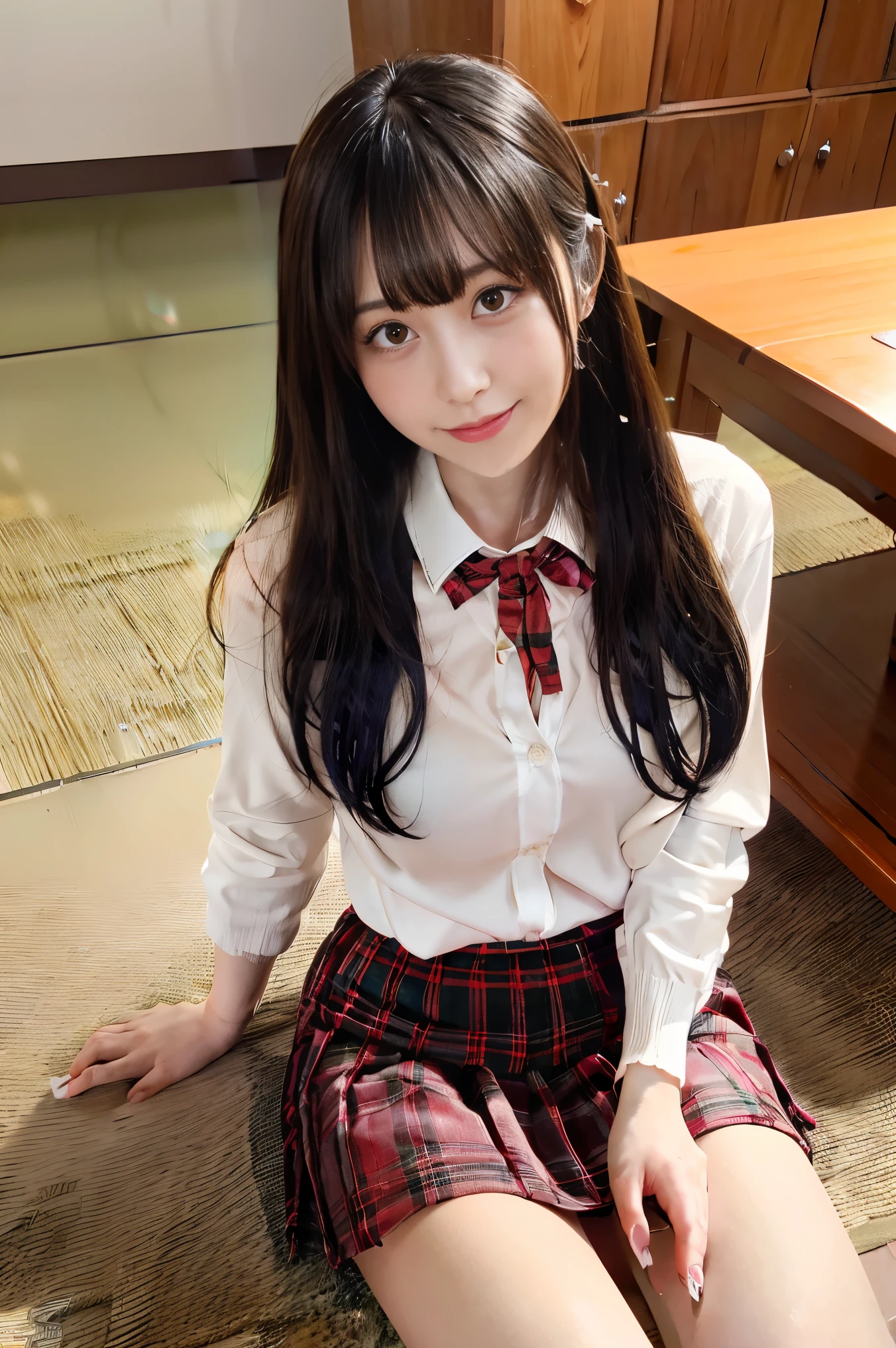(desktop:1.2, Highest Quality), (realistic, realistic:1.4), 
to see your audience,  full body, 
1 girl, Japanese, High schools Girl, ( long hair:1.5), let your hair fly,  bangs, Hair between the eyebrows , Big breasts:0.8, 
Beautiful hair, pretty face,  beautiful details ,   beautiful collarbone ,  Beautiful Body , beautiful , beautiful thighs,  Beautiful feet,  beautiful fingers , Beautiful Scenery), , schools,
((Collared shirt, white shirt, , Cardigan, gray plaid pleated skirt、 red ribbon ))、
 Smile, , masterpiece、Highest Quality、high resolution、Report、At home、I took off my clothes、Very、Side tie thongs、spread、From above、outstretched arm 、anger、floor、 Shirt Incomplete、it&#39;s hard to breathe、Sexual Expression、Lots of semen on the hair、There is a  coming out of the corner of the mouth、lots of semen on the face、There is a lot of semen on the chest、legs after sex、too much semen、 after sex