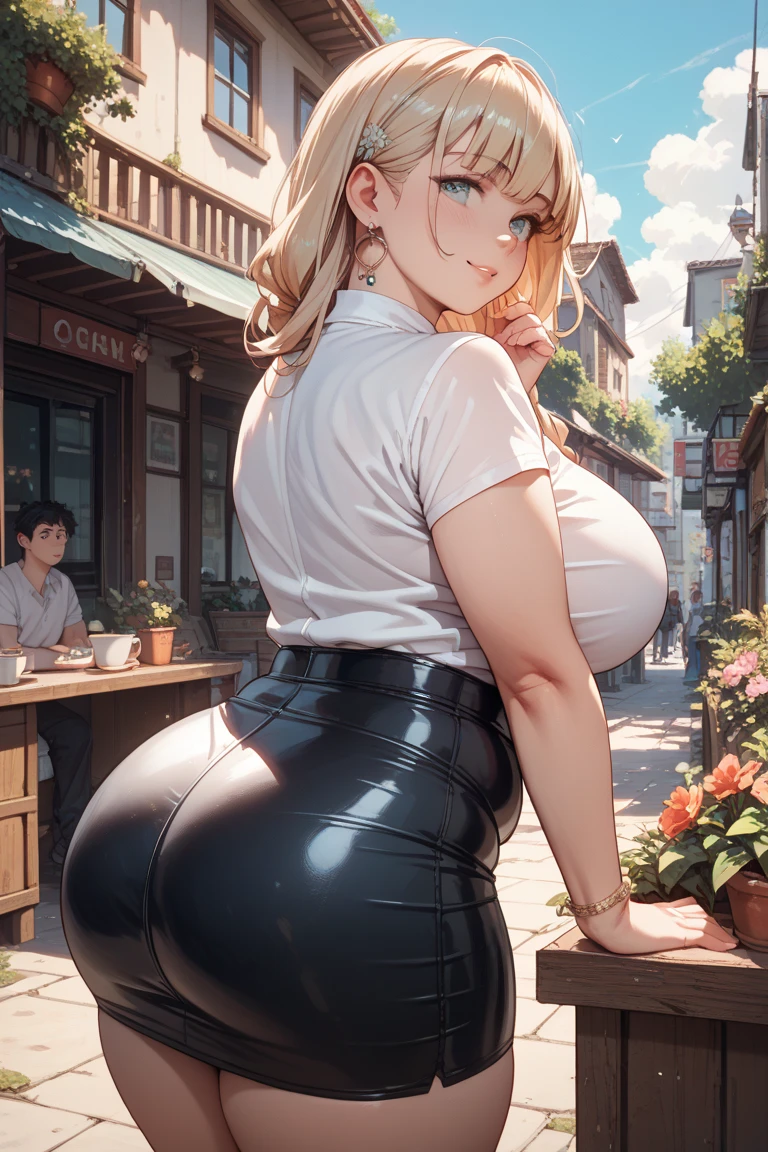 (nsfw),masterpiece,ultra detailed,sharp focus,high resolution,(night light at midnight,midnight,night,dark,:1.3),(tareme, cute girl),(curvy body),(back shot,from behind),high beams,seductive anime girl,(off-the -shoulder black blouse,elegant frilled blouse,boots,short flare skirt,white skirt,naughty undies:1.1),necklace,earring,(blonde hair:1.2),(peace sign,double peace:1.1),(tanned skin:1.3),(blushed:1.3),(squatting on ground,spreading legs),(at off street,back alley:1),(black armpit hair,pubic hair),(wet skin,saliva,opening mouth:1.1),,(bukkake:1.1),smile,arms up