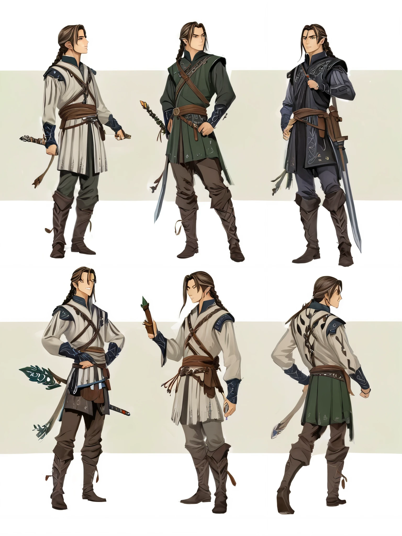 2D ART, hyper detailed gouache painting, illustration, gougoupaintleaves style, portrait of a man, 1boy, solo, long_hair, braided brown hair, high_ponytail_hairstyle, male_drow:1.5, dark elf, black eyes, black_sclera, detailed face, handsome features, dark medieval tunic, pointy ears, standing in a dark forest, pov from_below, frontal full body shot, on simple white background, full body shot, very detailed, ren's picture books, FRESHIDEAS Illustration No. 12