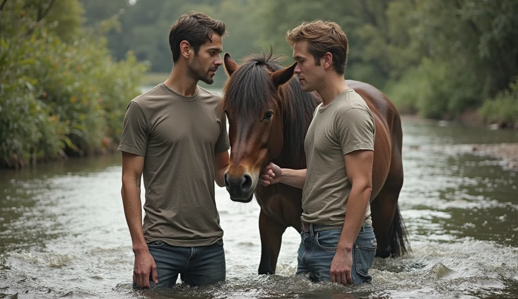 Two handsome young men, both with beautiful faces, white skin, and soft skin, lean and shirtless, with short black hair, riding horses together.