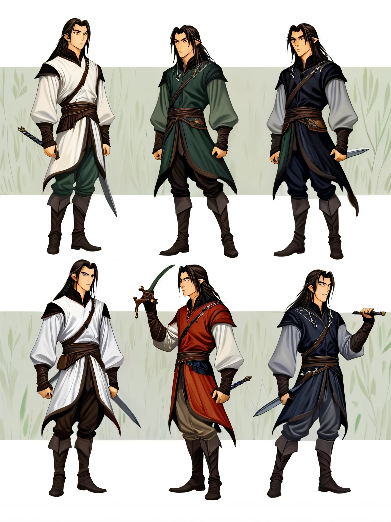 2D ART, hyper detailed gouache painting, illustration, gougoupaintleaves style, portrait of a man, 1boy, solo, long_hair, braided brown hair, high_ponytail_hairstyle, male_drow:1.5, dark elf, black eyes, black_sclera, detailed face, handsome features, dark medieval tunic, pointy ears, standing in a dark forest, pov from_below, frontal full body shot, on simple white background, full body shot, very detailed, ren's picture books, FRESHIDEAS Illustration No. 12