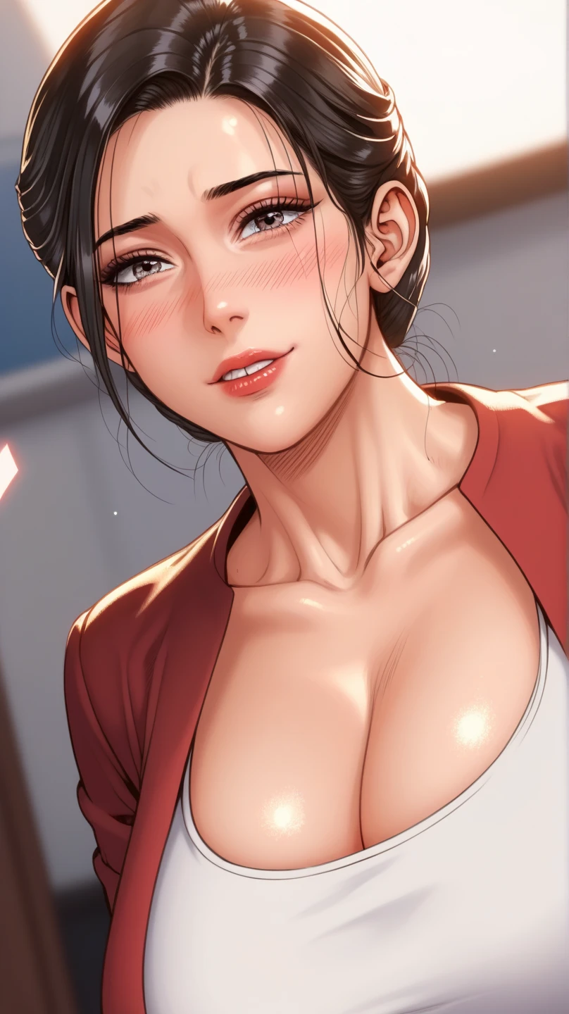 nari, black eyes, black hair, short hair, big breasts, track suit,track pant,big silver chandelier earrings ,hair ponytail , lipstick