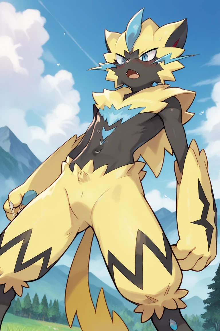 Zeraora Pokémon male , mountains, Sky Blue , nubes blancas , blue sky, in a forest, , aggressive look, WRITE LINES, Bipedal position, Alone, seen from below, mirando hacia abajo, in front, legs apart