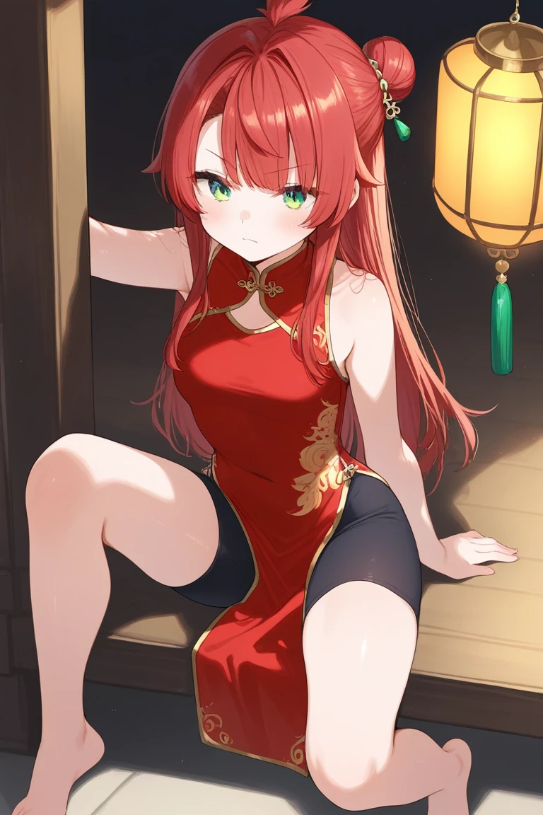 ((masutepiece)), ((Best quality)), (Ultra-detailed), ((kawaii)), cute, (lovly), ((Sexy)), (Ero), ((Extremely detailed)), 4K, (8K), Best quality, (Beautiful), Illustration, Anime style, Painting, Dynamic Angle, Full body, gradients, (kung-fu squat:1.2), (Float your hips in the middle), (Open legs), (Fold your hands behind your head:1.2), In a room in Chinese style, Cute little girl s, 1girl in, Chinese dress, Solo, Beautiful red hair, Beautiful red eyes, ((Beautiful eyes)), big chest out, poneyTail, Cool, blhushed face, Sweat, gritted teeth, steam, sparkling effect, Lens Flare, shiny-glistening, gleaming