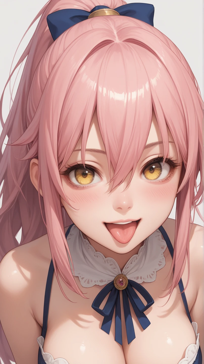 wink, one eye closed, playful smile, tongue out,, masterpiece, best quality, absurdres, highres, 4k, ray tracing, intricate details, highly detailed, (1girl:perfect face, small breasts, long hair, bangs) skin tone, artistic photorealistic drawing of 5, medium shot, bedroom, freckles, pink hair